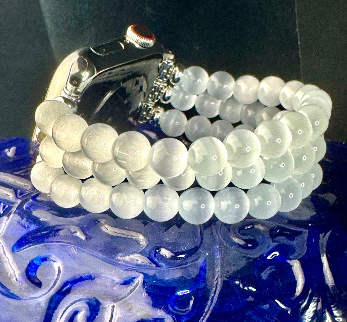 Apple Watch Beaded Band for all models genuine selenite beads (cat eye) beads. 3 strands