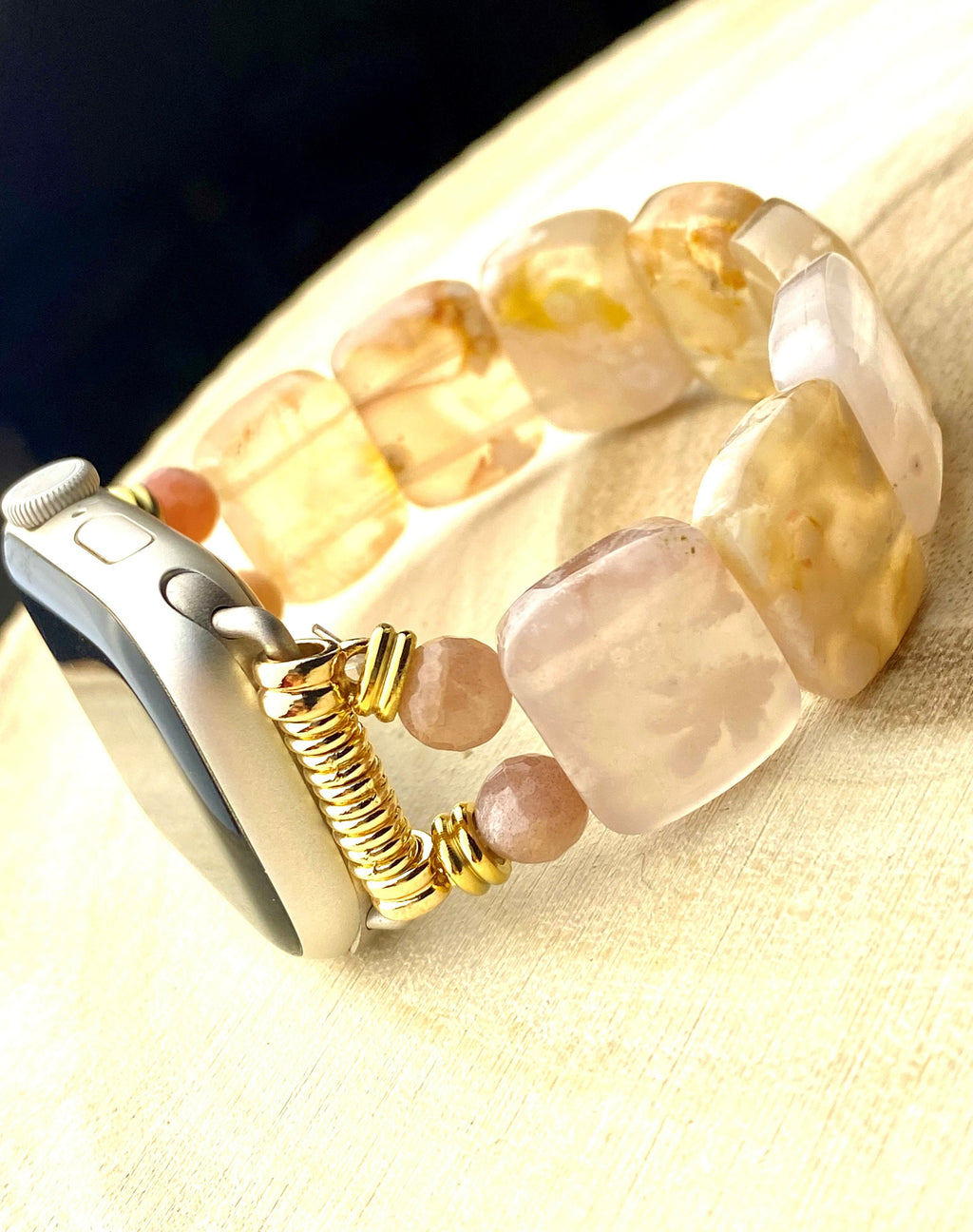 Sakura Agate Apple Watch Band for all models , Genuine carved Sakura Rectangle and Round Beads . Bangle Style