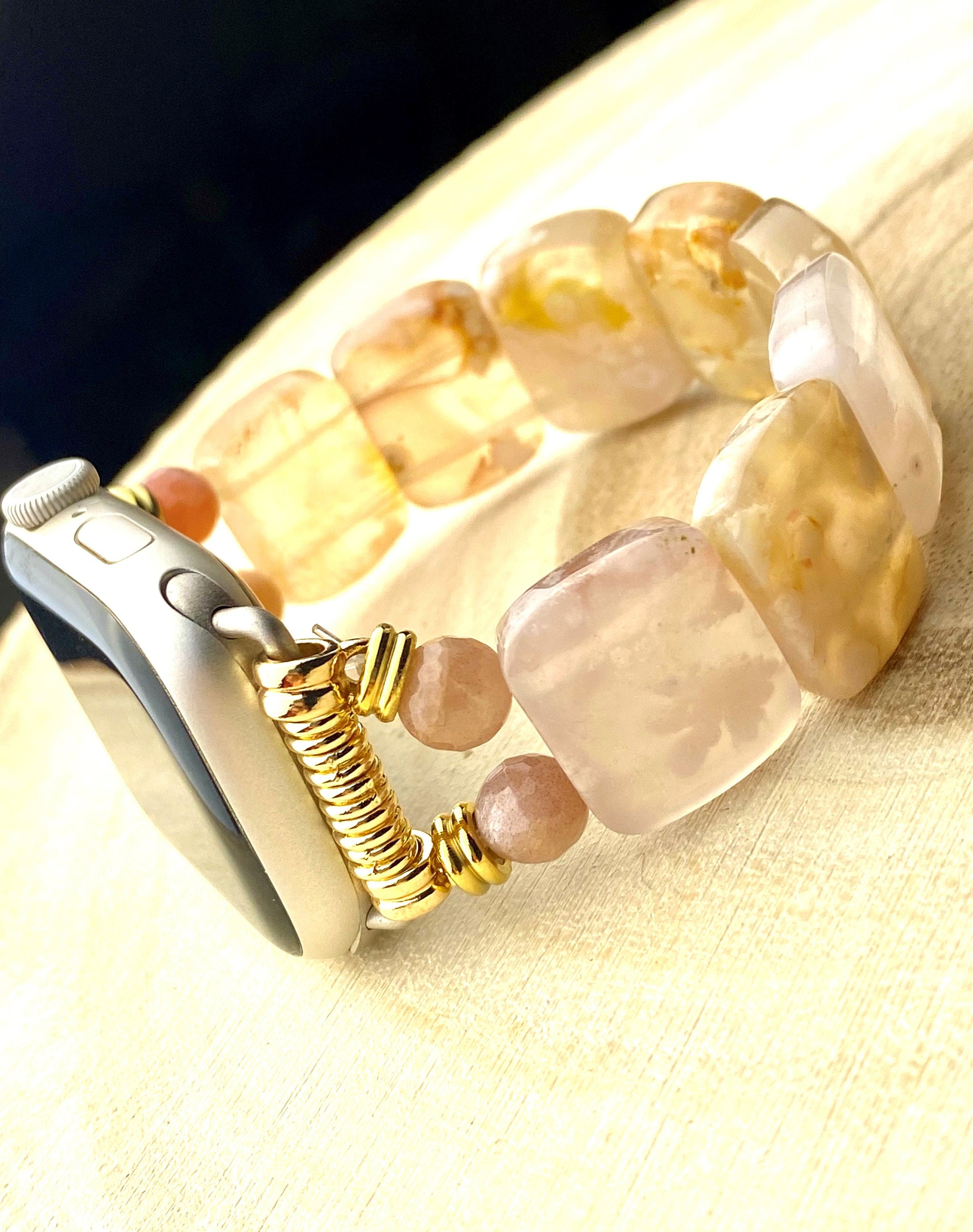 Sakura Agate Apple Watch Band for all models , Genuine carved Sakura Rectangle and Round Beads . Bangle Style