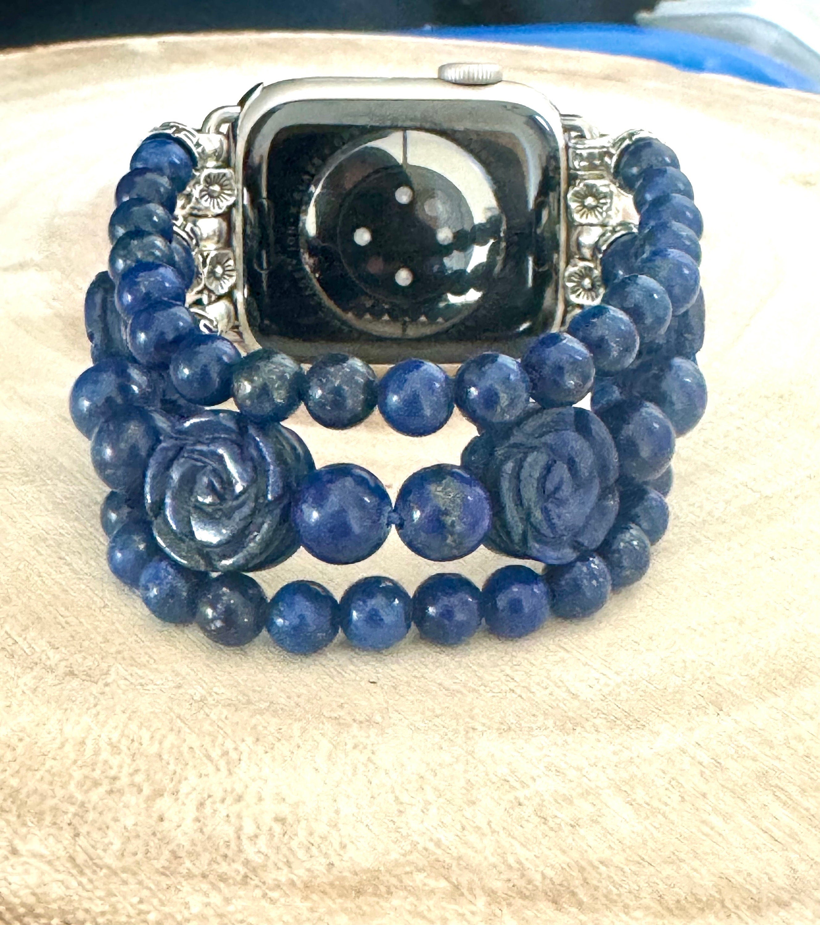 Beaded Apple Watch Strap for all models Genuine carved lapis lazuli / rose quartz beads.