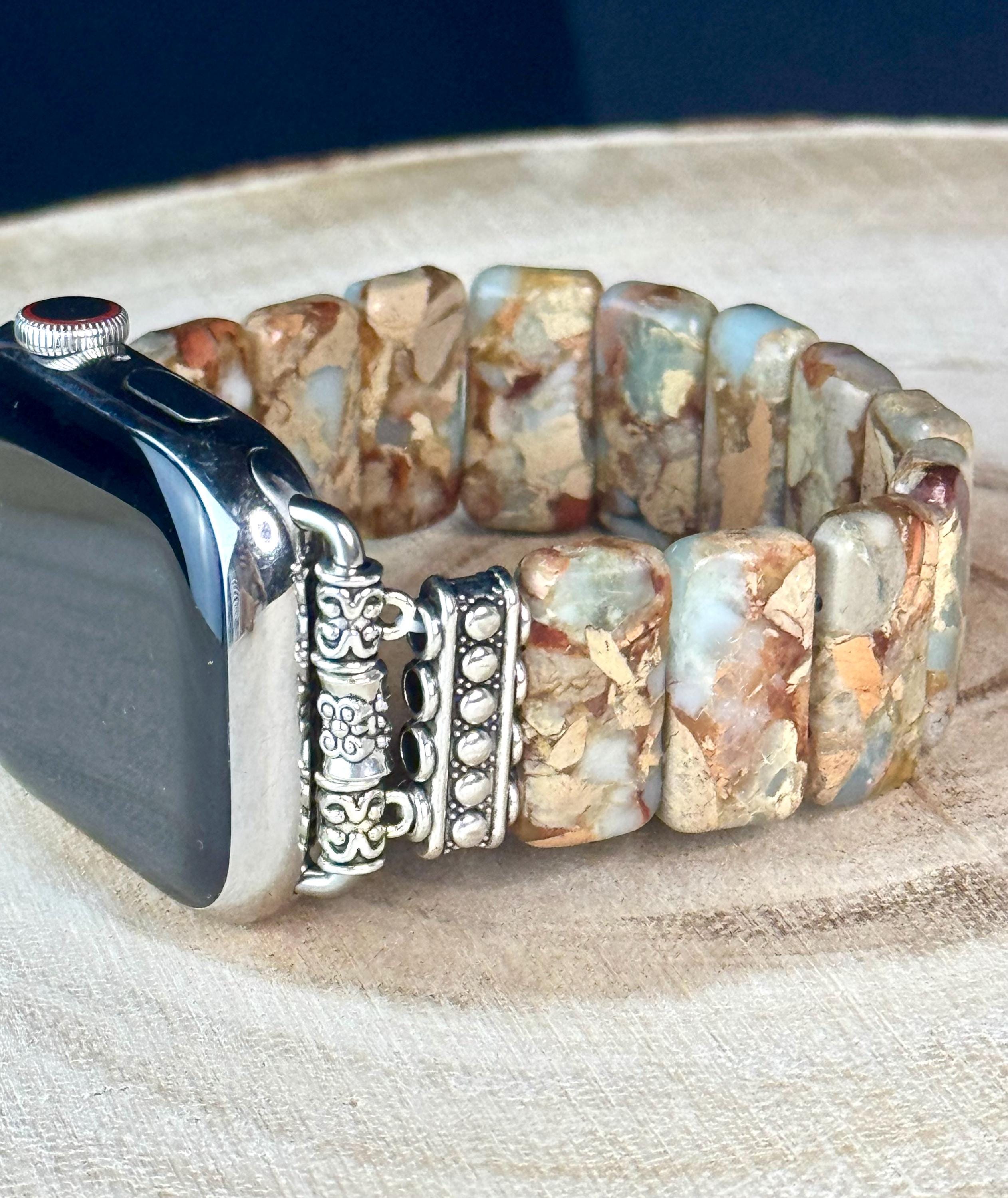 Amazonite Natural Stone Apple Watch Strap for all models. Natural Amazonite/multicolor jasper rectangle stone
