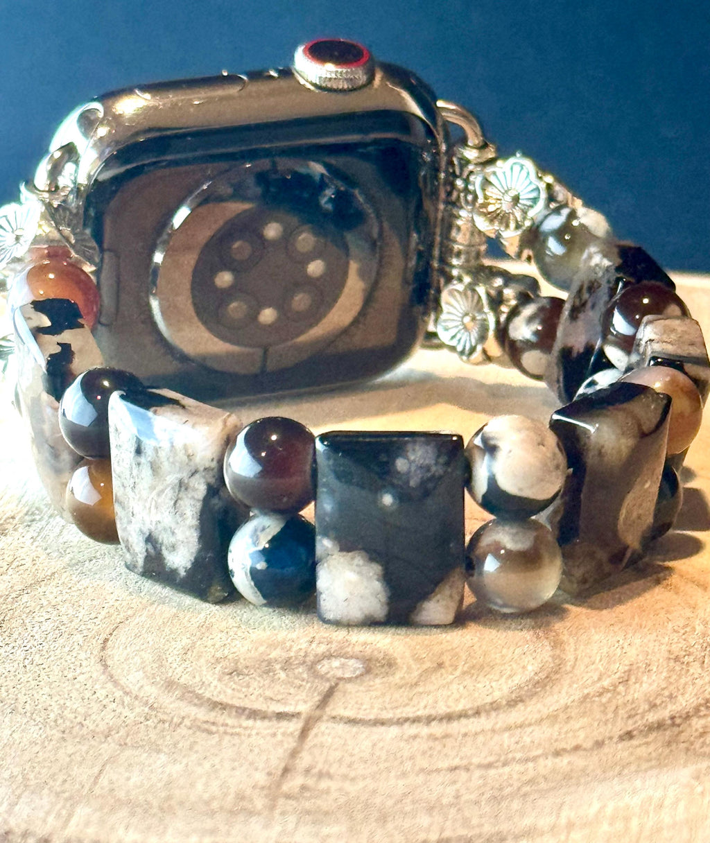 Sakura Agate Apple Watch Band for all models , Genuine carved Sakura Rectangle and Round Beads . Bangle Style