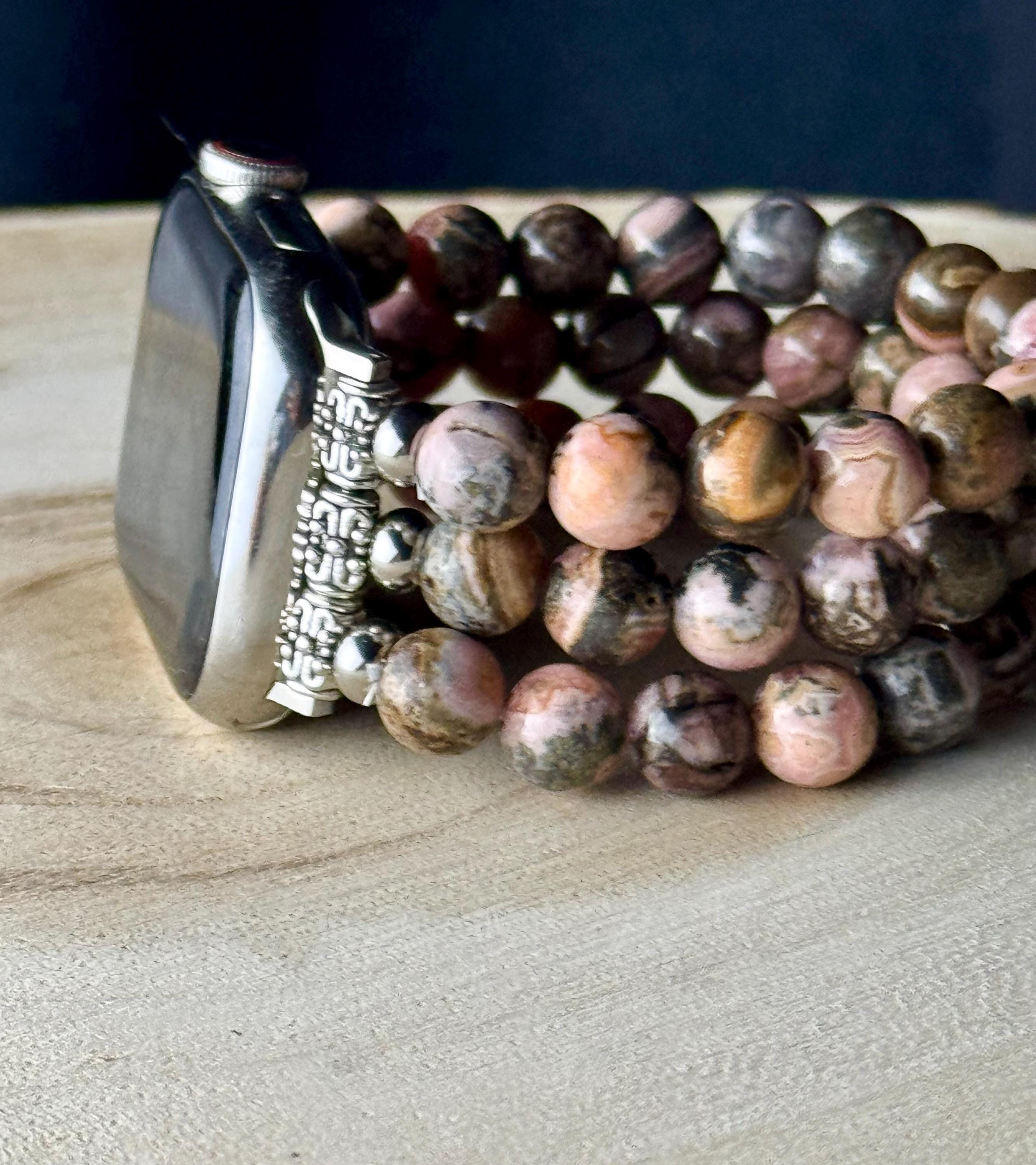 Apple Watch Beaded Band for all models, 3 strands 8mm beads with Botswana Agate/Agentina Rhodochrosite