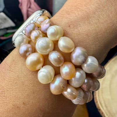 Genuine freshwater pearl Apple Watch band for all models . Tri color /white 7-8mm baroque freshwater pearls. 3 strands