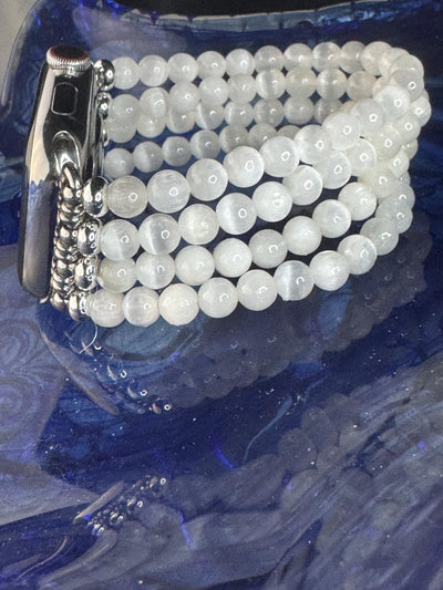 Apple Watch Beaded Band for all models genuine selenite beads (cat eye) beads. 3 strands