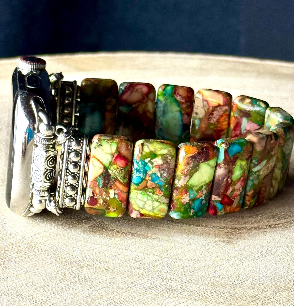 Amazonite Natural Stone Apple Watch Strap for all models. Natural Amazonite/multicolor jasper rectangle stone