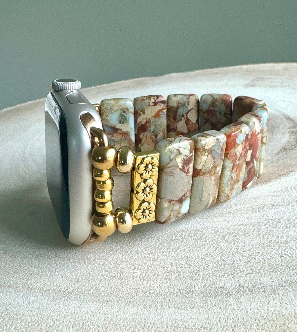 Amazonite Natural Stone Apple Watch Strap for all models. Natural Amazonite/multicolor jasper rectangle stone