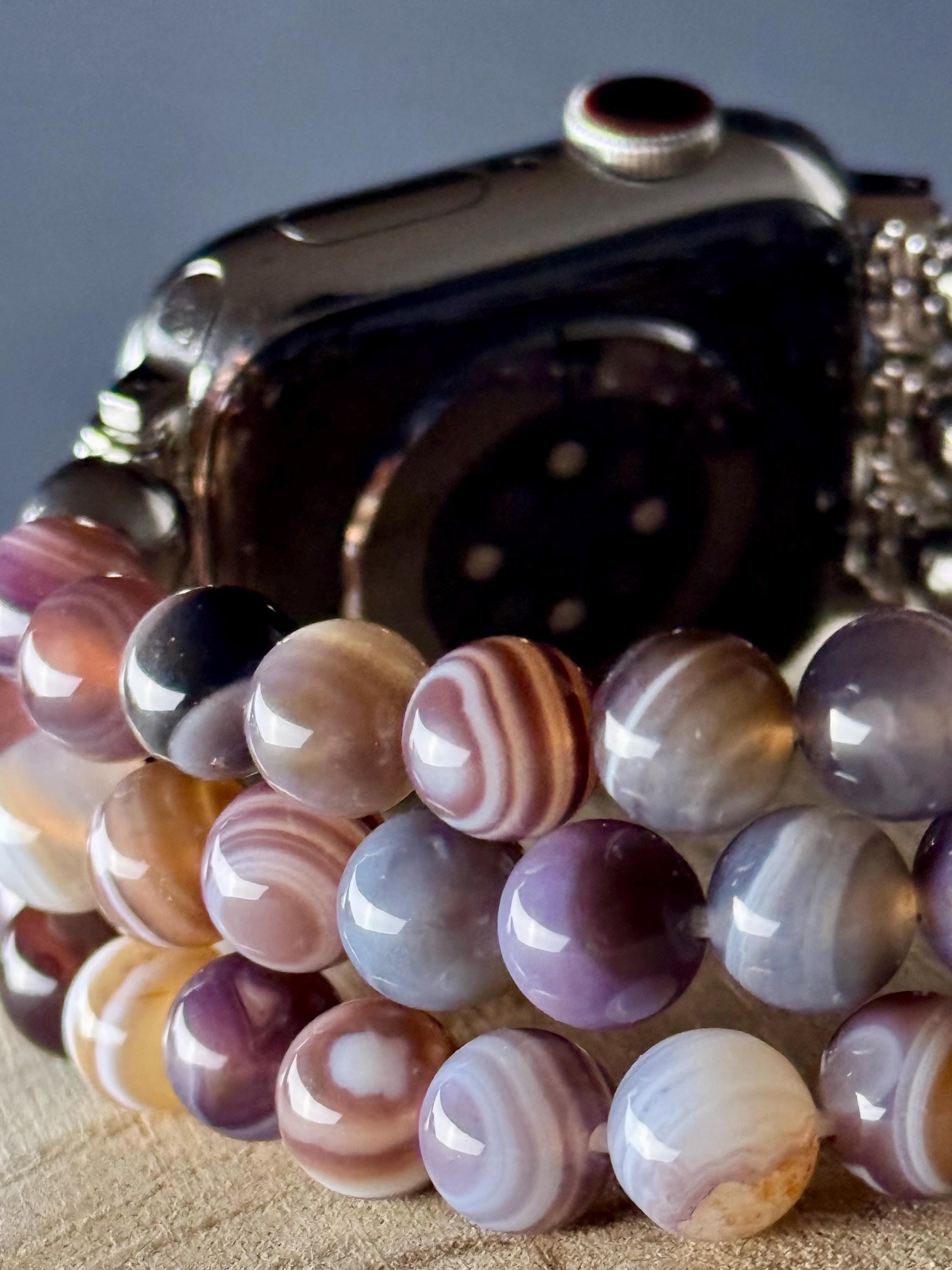 Apple Watch Beaded Band for all models, 3 strands 8mm beads with Botswana Agate/Agentina Rhodochrosite
