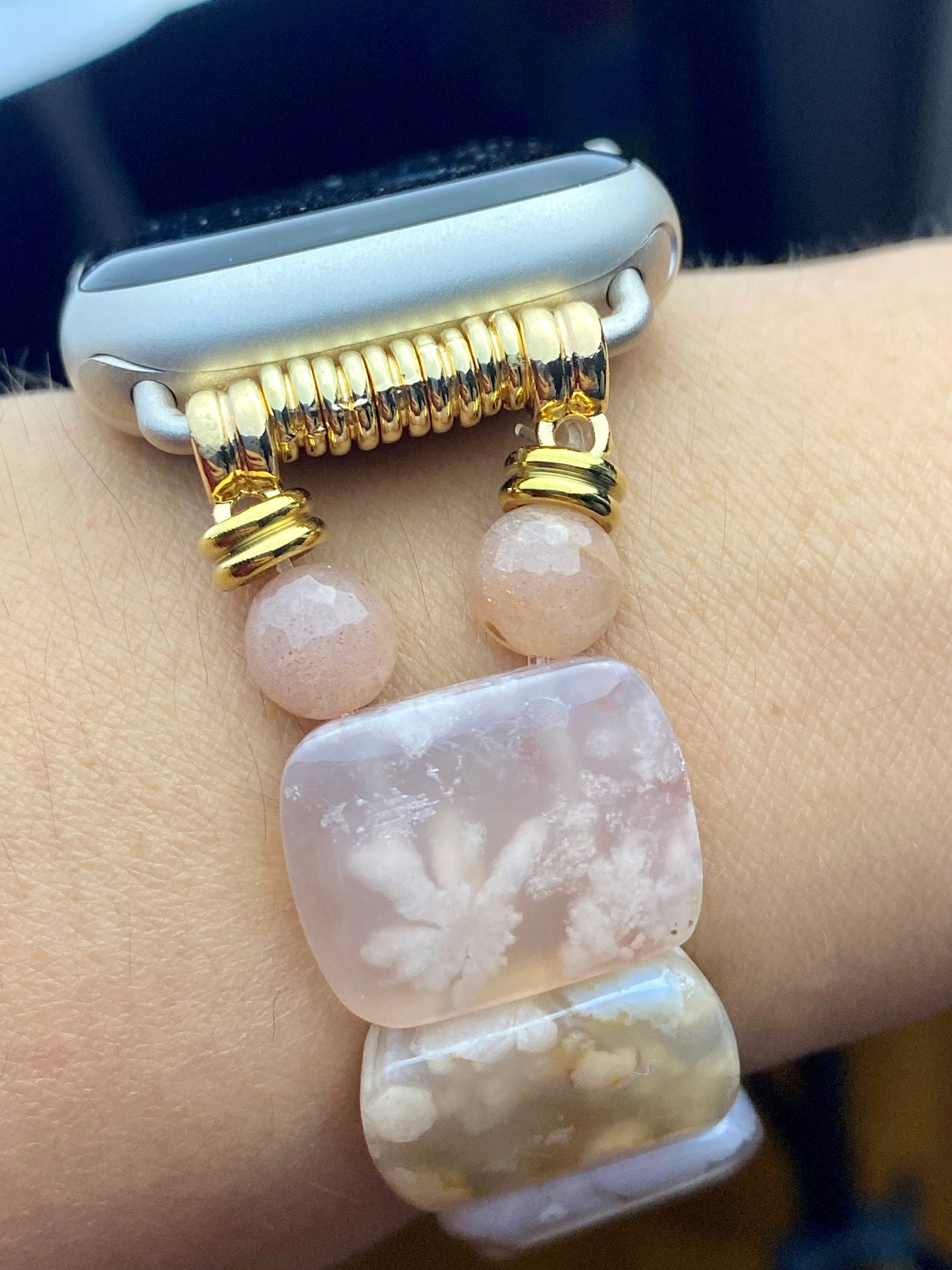 Sakura Agate Apple Watch Band for all models , Genuine carved Sakura Rectangle and Round Beads . Bangle Style
