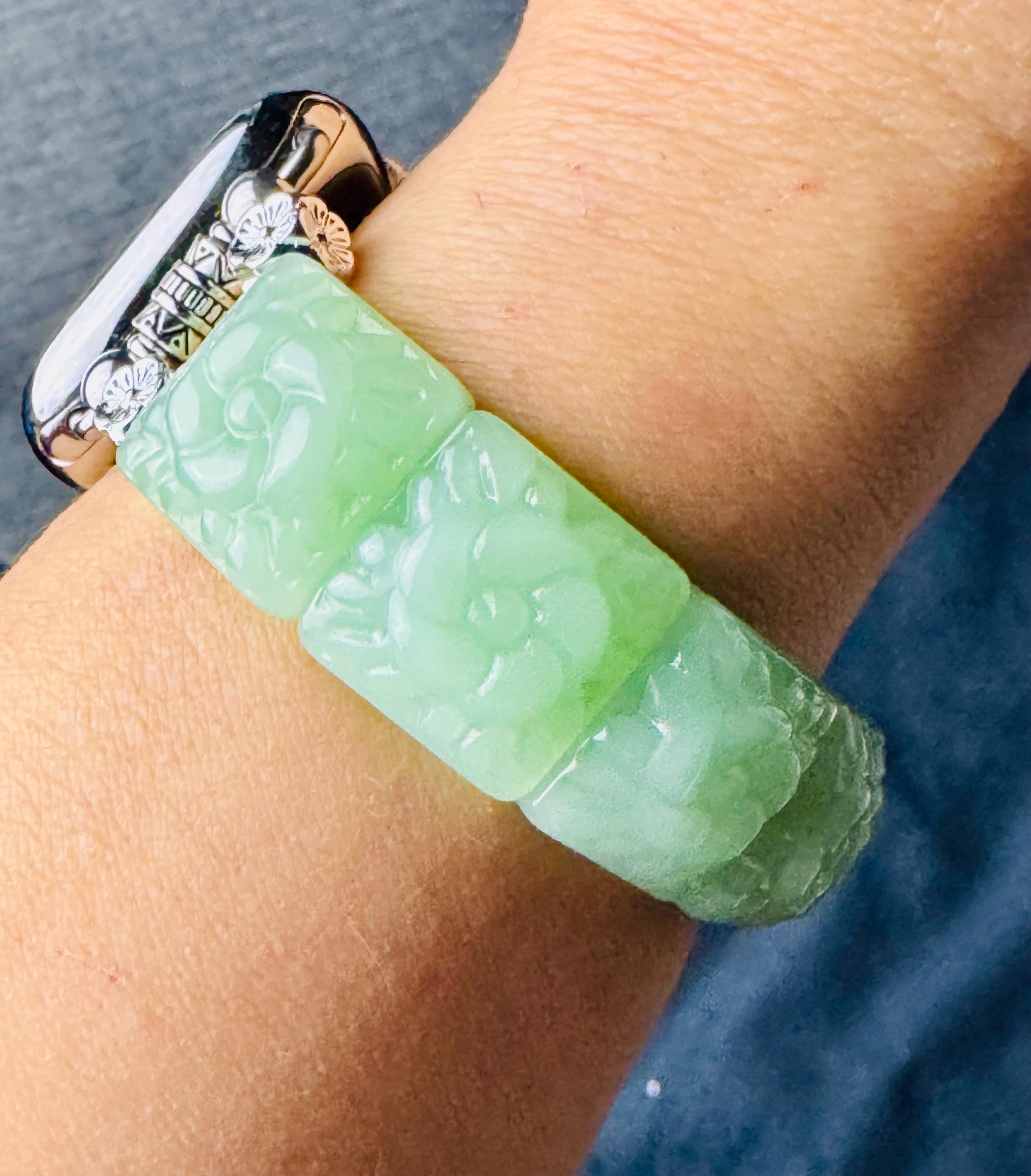 Genuine Carved Jade Apple Watch Strap, for all Apple Watch models. Jade bangle style with carved pieces. Silver or Gold tone