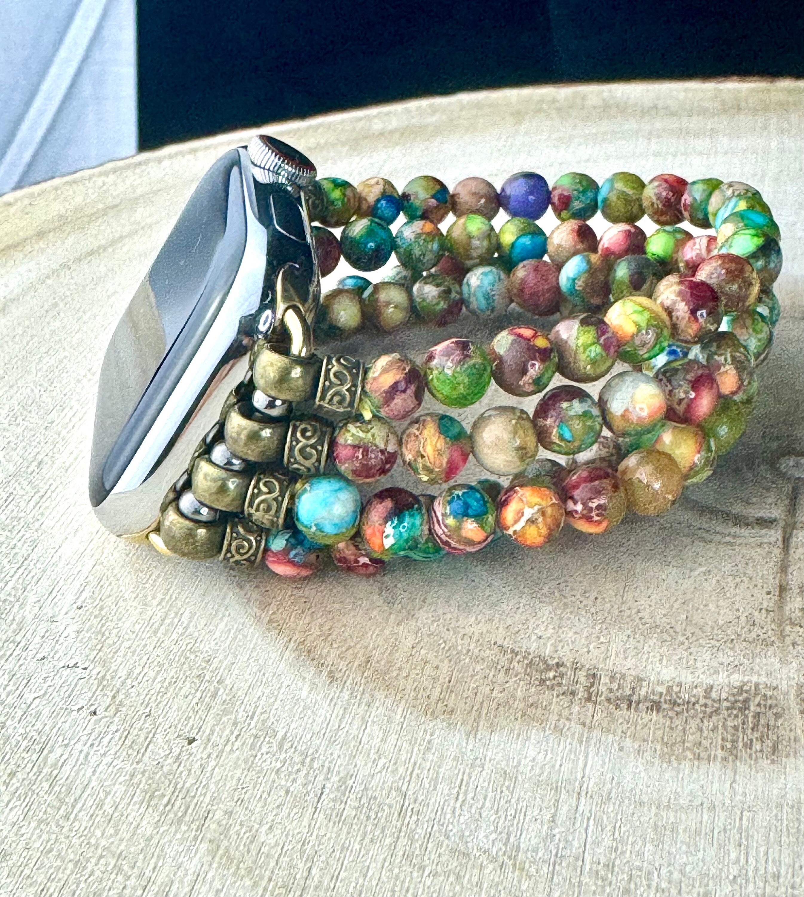 Beaded Apple Watch Band for all models . Multicolor Sea Sediment Galaxy Jasper  2/3/4 Strands