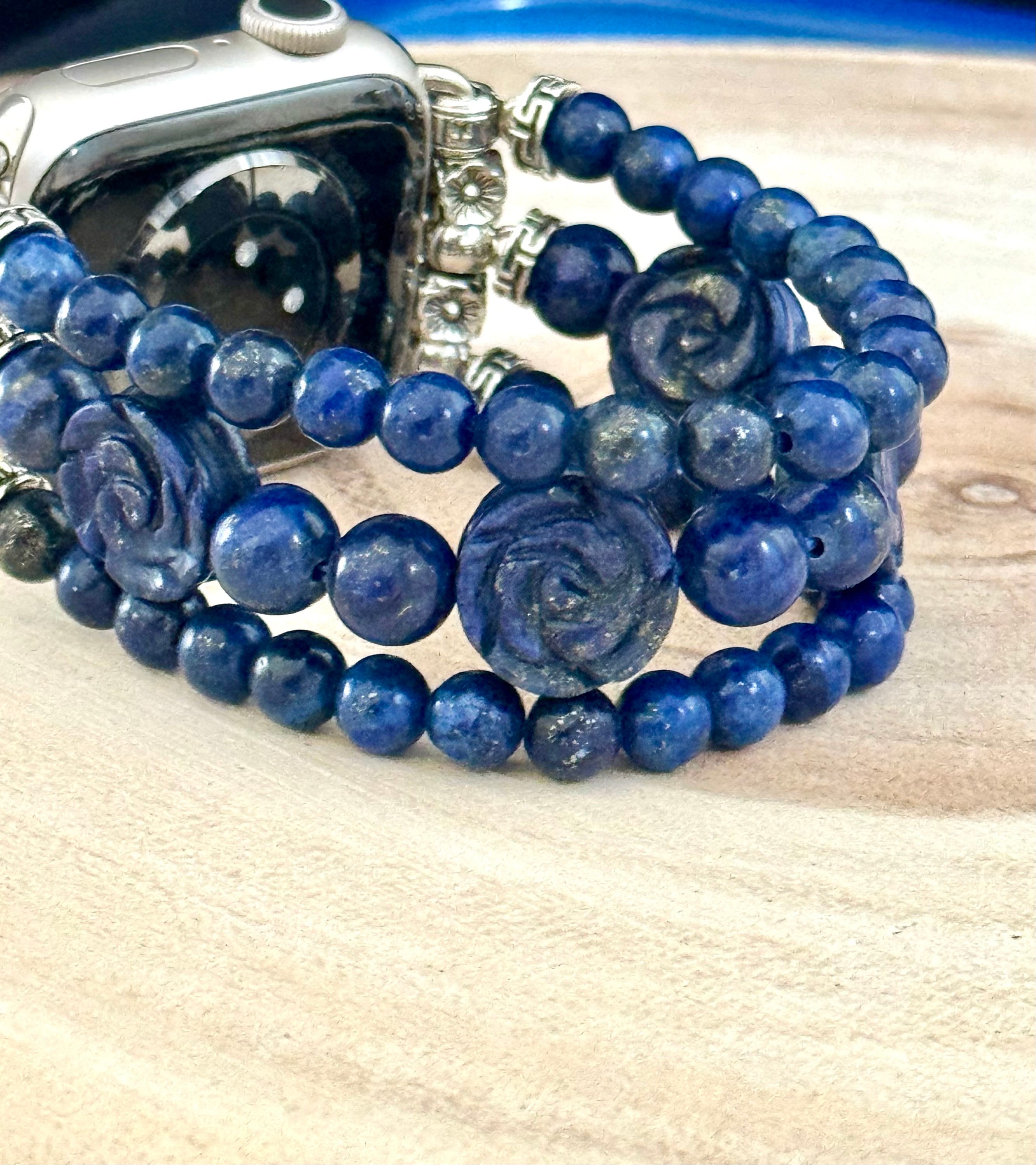 Beaded Apple Watch Strap for all models Genuine carved lapis lazuli / rose quartz beads.