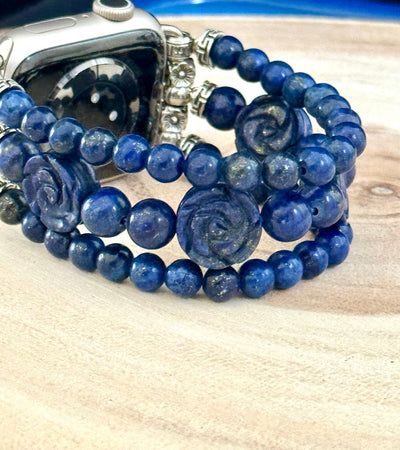 Beaded Apple Watch Strap for all models Genuine carved lapis lazuli / rose quartz beads.