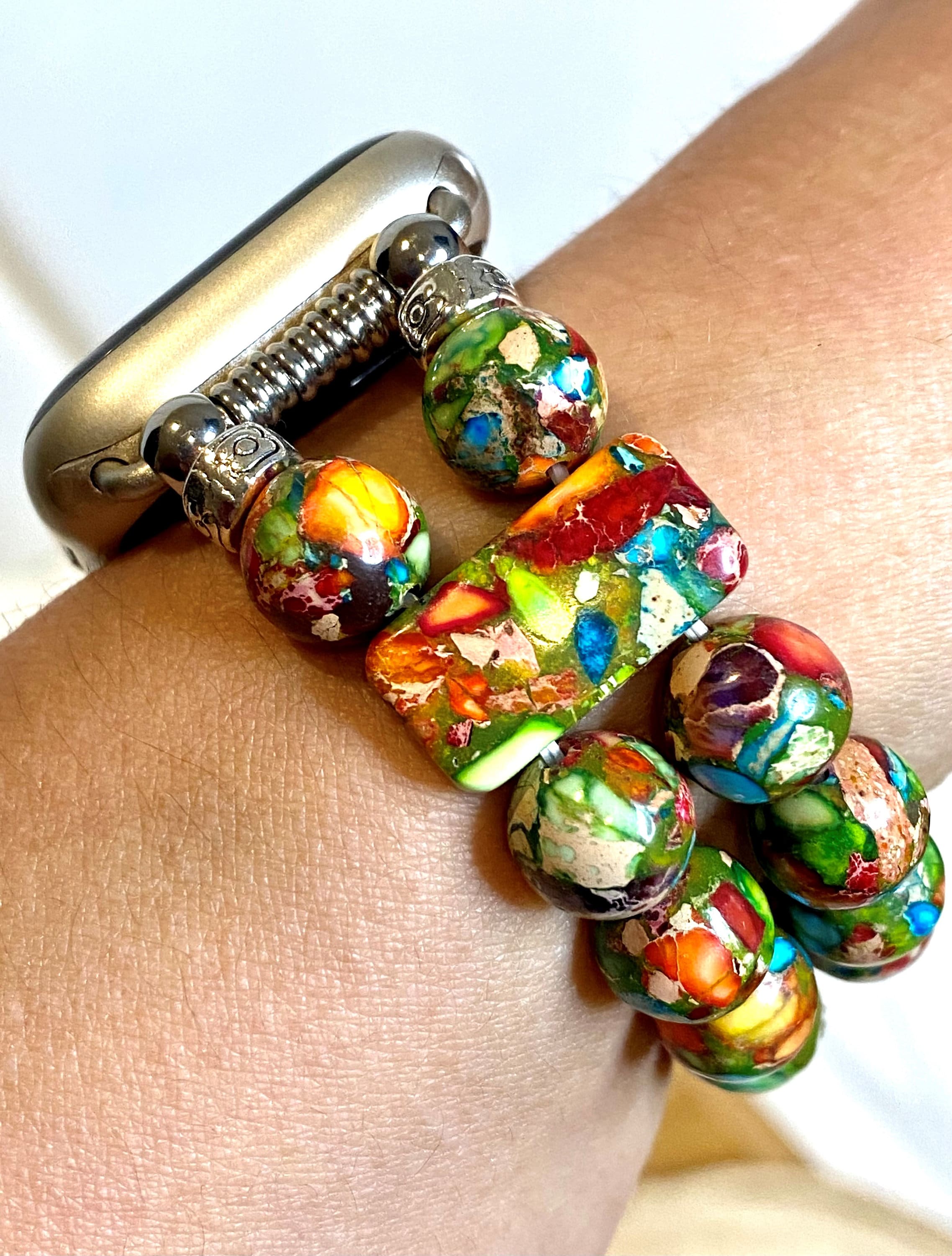Beaded Apple Watch Band for all models . Multicolor Sea Sediment Galaxy Jasper  2/3/4 Strands