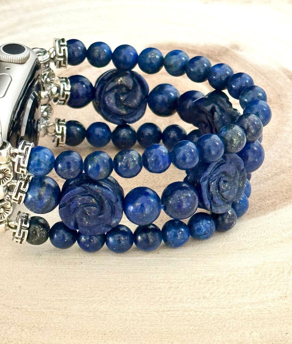 Beaded Apple Watch Strap for all models Genuine carved lapis lazuli / rose quartz beads.