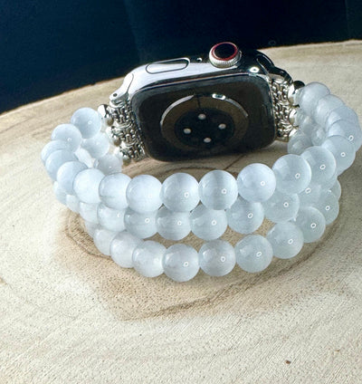 Apple Watch Beaded Band for all models genuine selenite beads (cat eye) beads. 3 strands