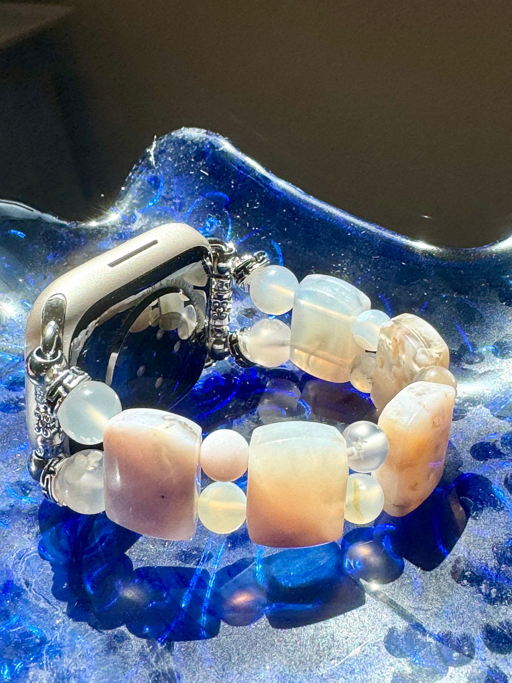 Sakura Agate Apple Watch Band for all models , Genuine carved Sakura Rectangle and Round Beads . Bangle Style