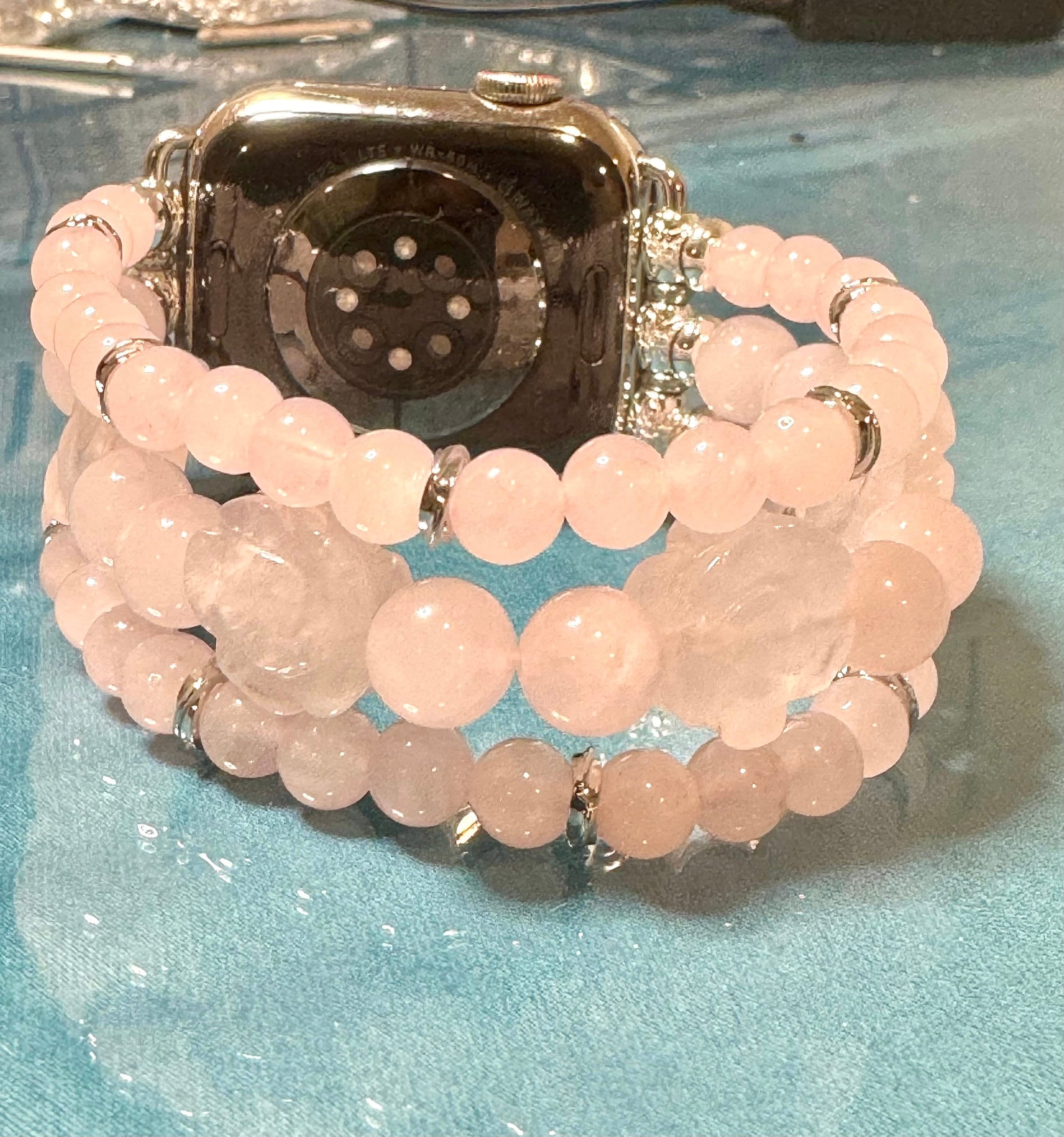 Beaded Apple Watch Strap for all models Genuine carved lapis lazuli / rose quartz beads.