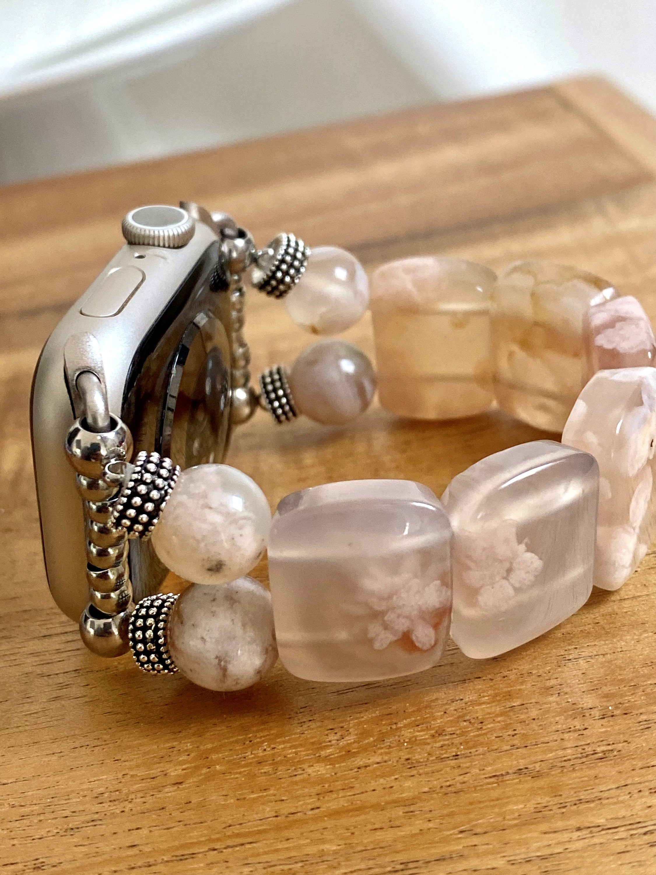 Sakura Agate Apple Watch Band for all models , Genuine carved Sakura Rectangle and Round Beads . Bangle Style