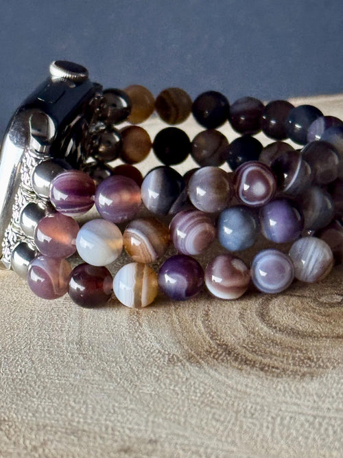 Apple Watch Beaded Band for all models, 3 strands 8mm beads with Botswana Agate/Agentina Rhodochrosite