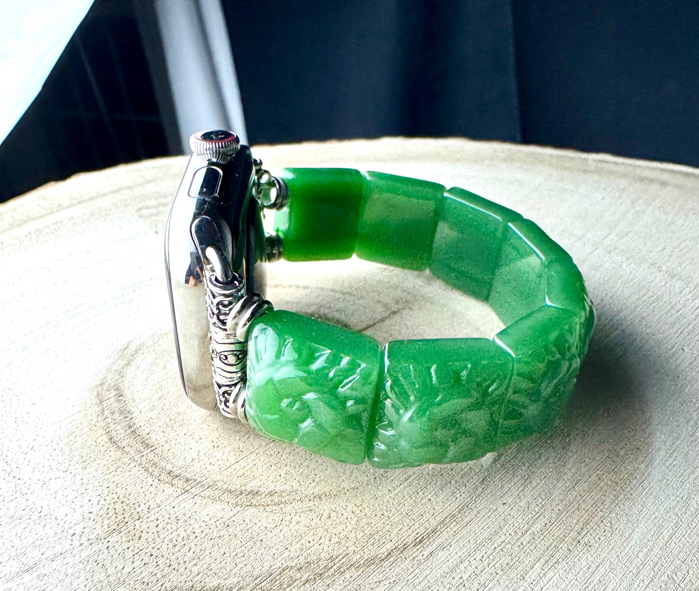 Genuine Carved Jade Apple Watch Strap, for all Apple Watch models. Jade bangle style with carved pieces. Silver or Gold tone