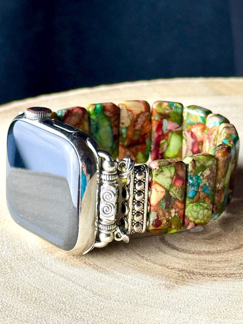 Amazonite Natural Stone Apple Watch Strap for all models. Natural Amazonite/multicolor jasper rectangle stone