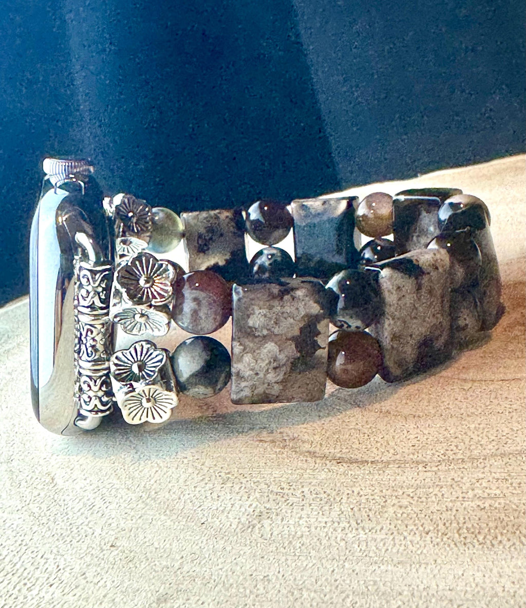 Sakura Agate Apple Watch Band for all models , Genuine carved Sakura Rectangle and Round Beads . Bangle Style