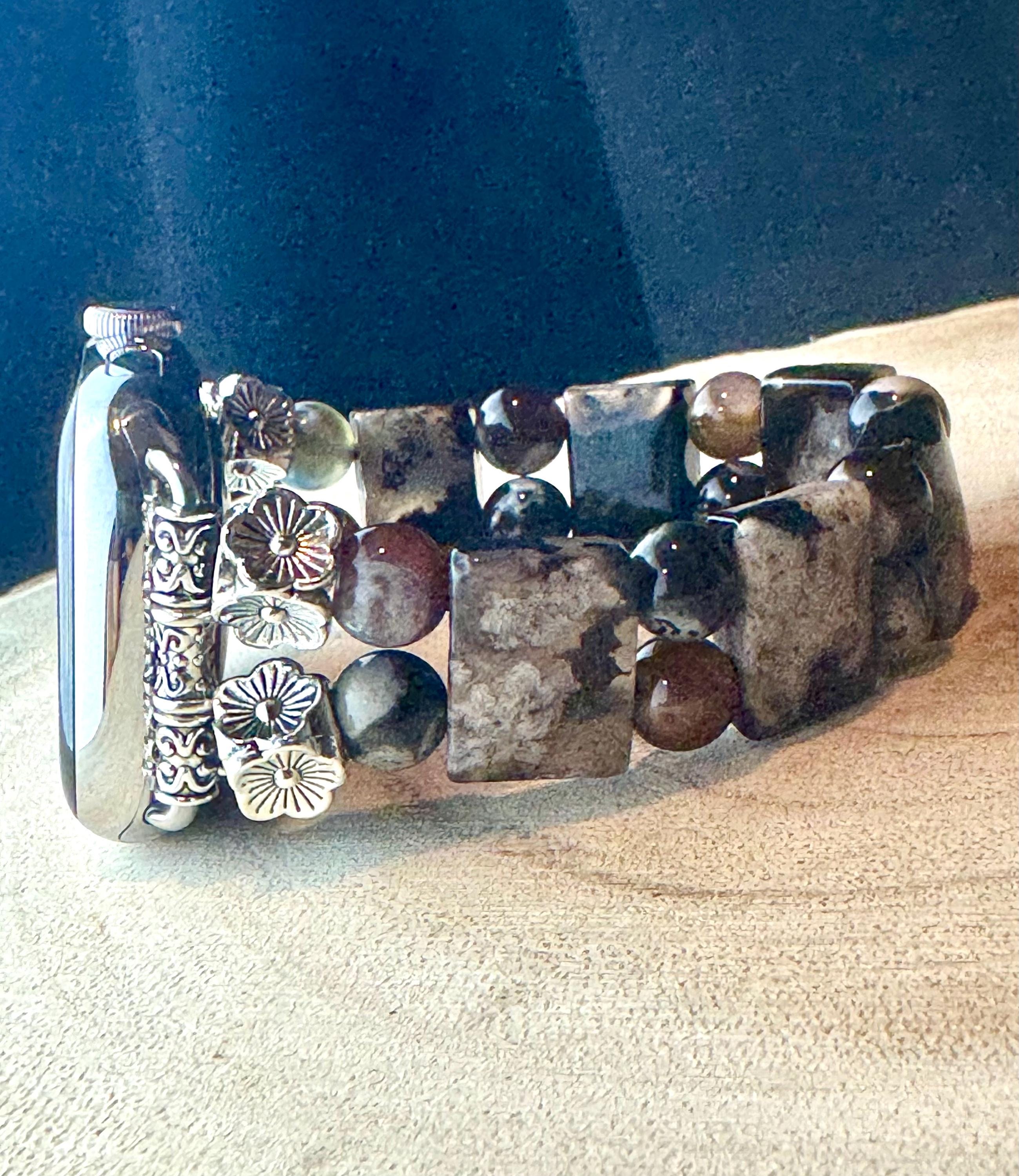 Sakura Agate Apple Watch Band for all models , Genuine carved Sakura Rectangle and Round Beads . Bangle Style