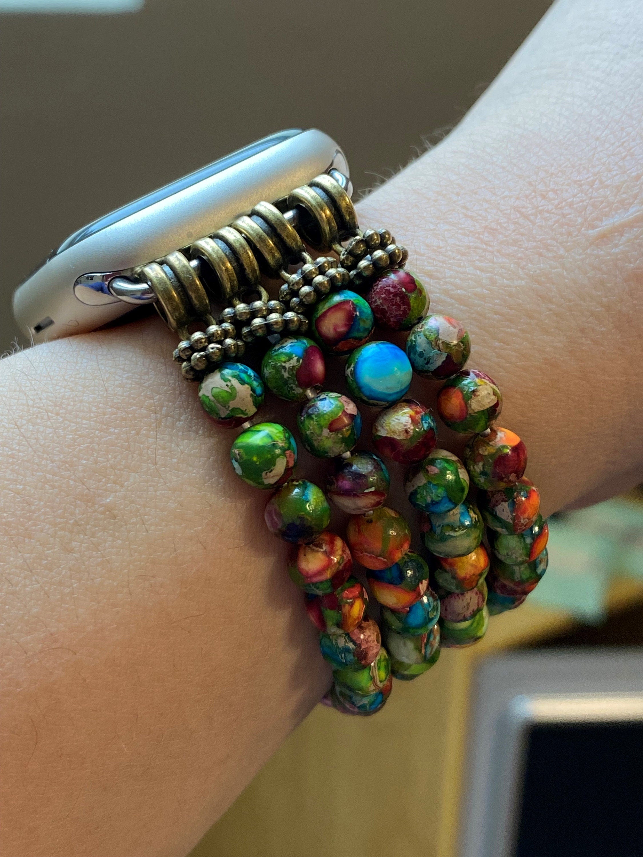 Beaded Apple Watch Band for all models . Multicolor Sea Sediment Galaxy Jasper  2/3/4 Strands