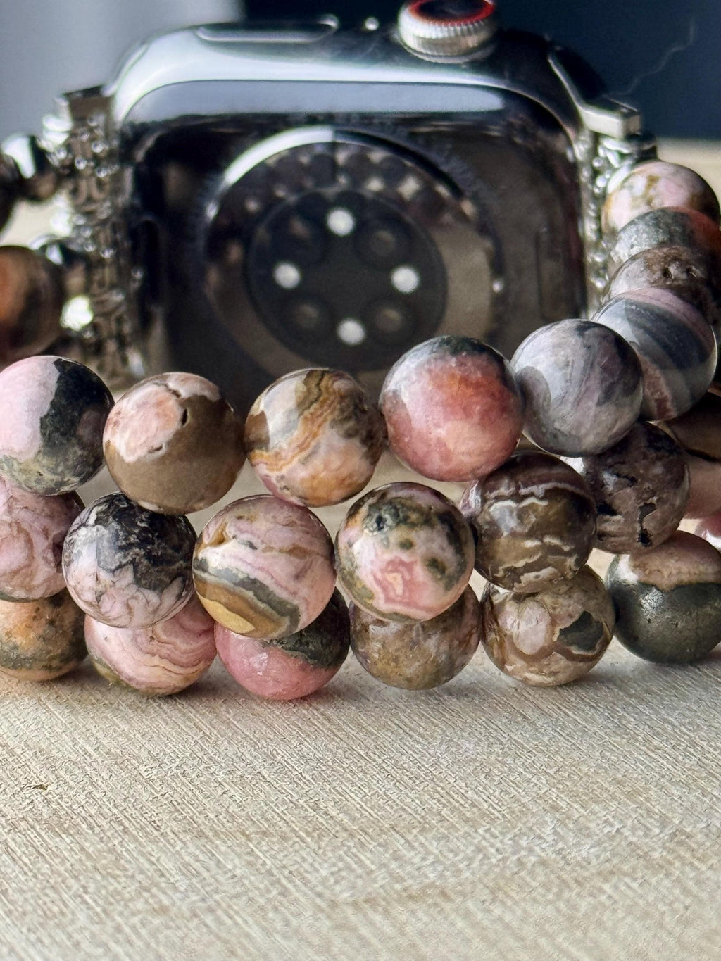 Apple Watch Beaded Band for all models, 3 strands 8mm beads with Botswana Agate/Agentina Rhodochrosite