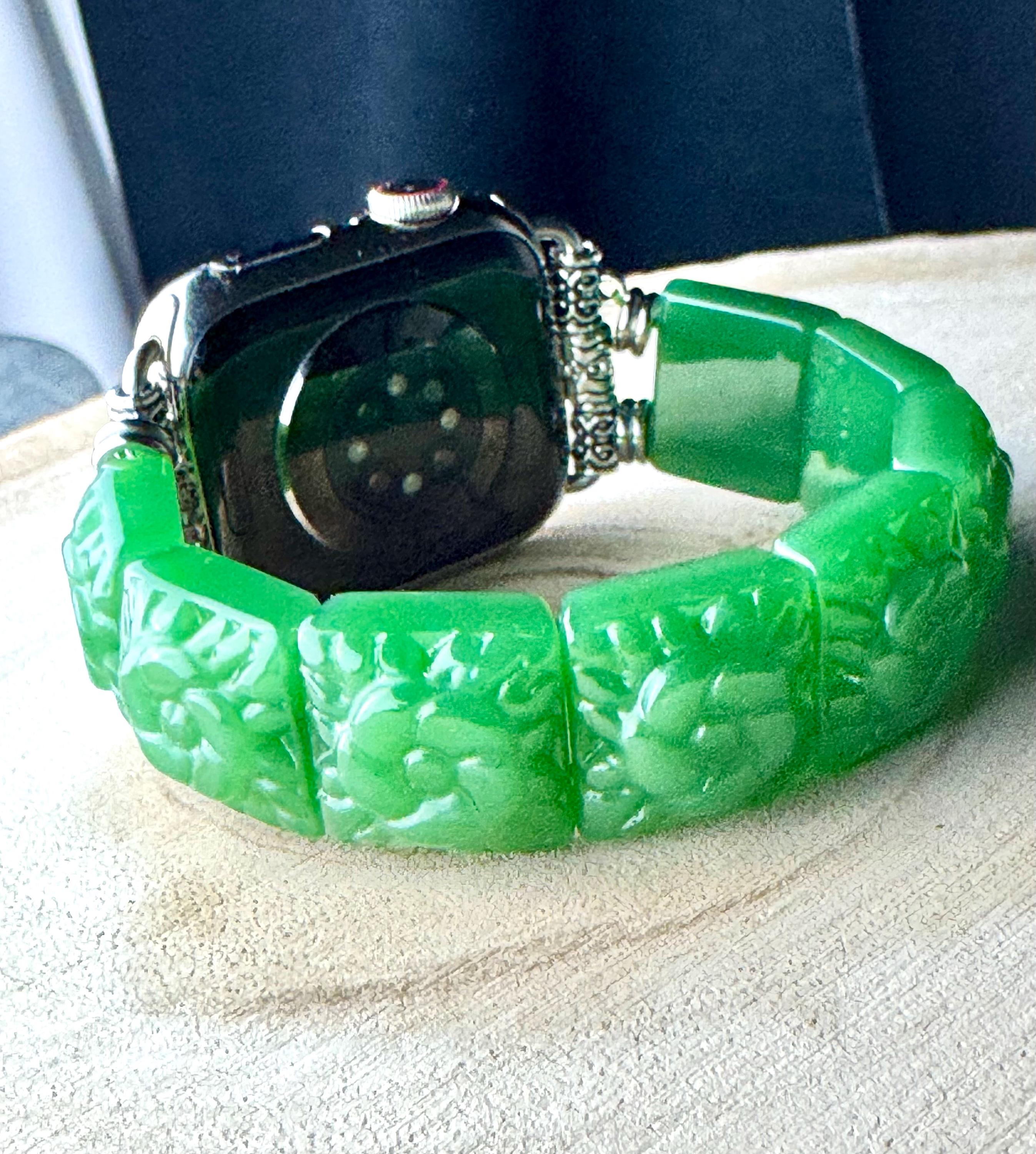 Genuine Carved Jade Apple Watch Strap, for all Apple Watch models. Jade bangle style with carved pieces. Silver or Gold tone
