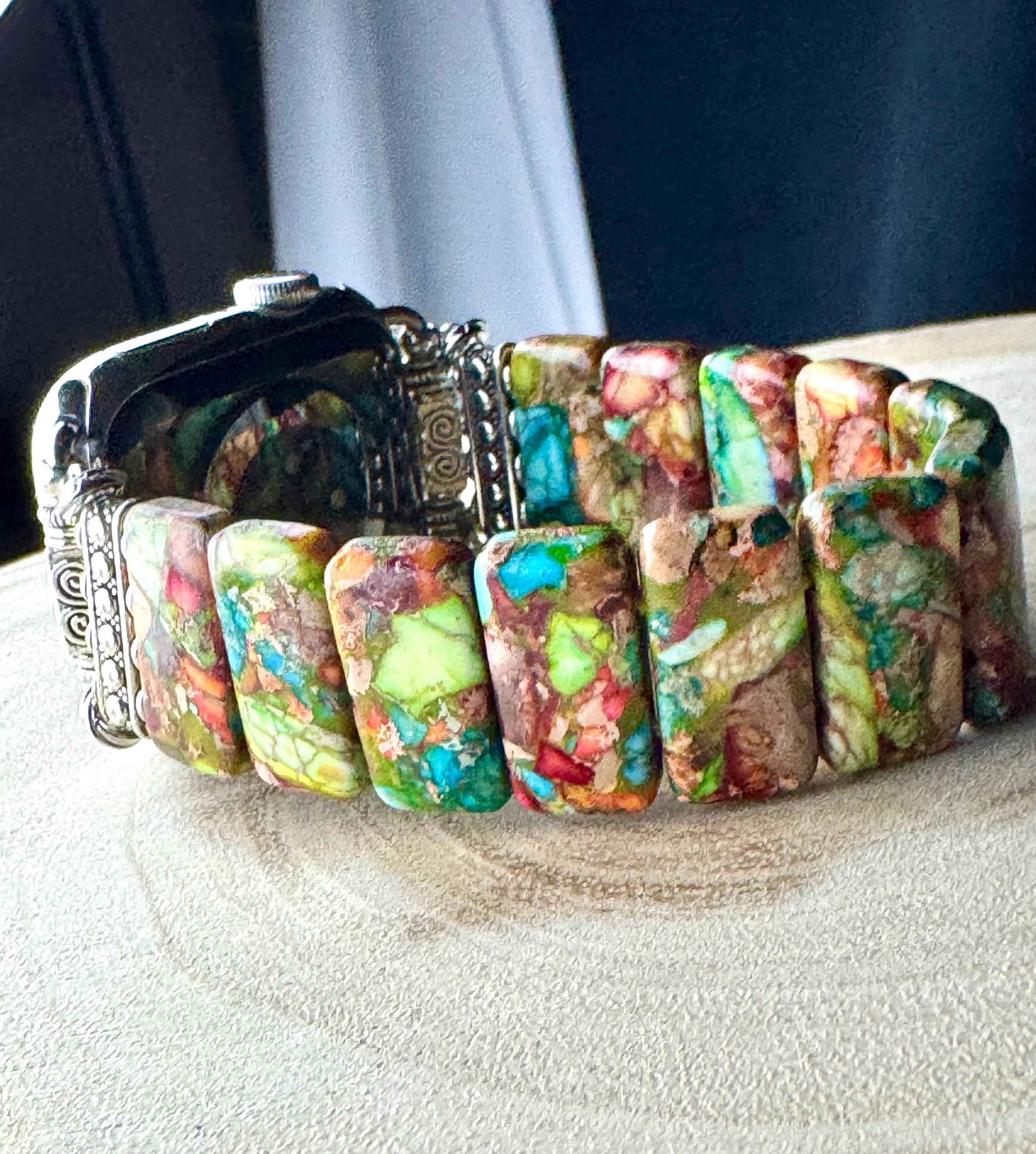 Amazonite Natural Stone Apple Watch Strap for all models. Natural Amazonite/multicolor jasper rectangle stone