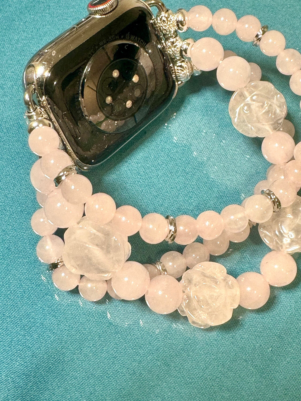Beaded Apple Watch Strap for all models Genuine carved lapis lazuli / rose quartz beads.