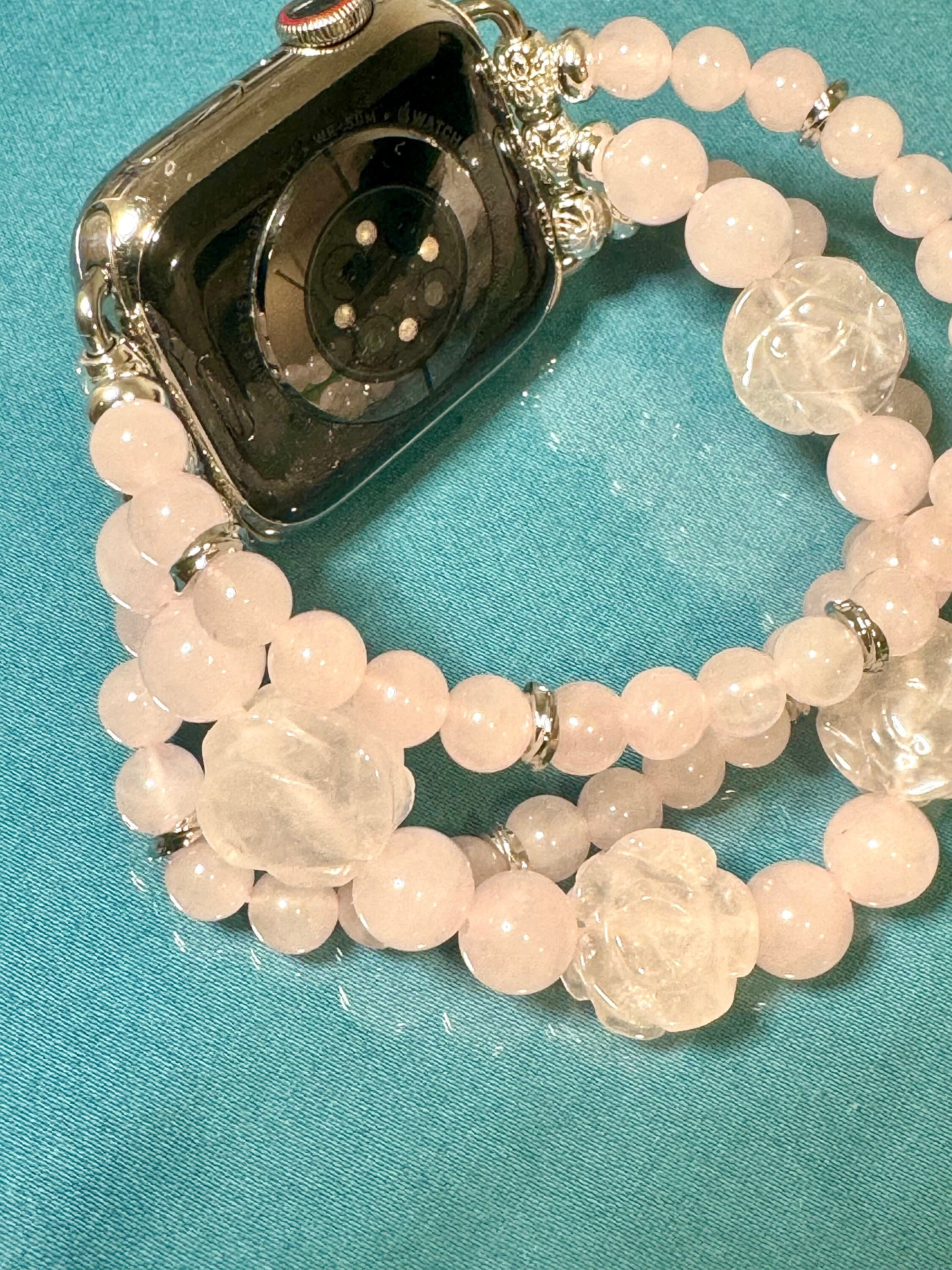 Beaded Apple Watch Strap for all models Genuine carved lapis lazuli / rose quartz beads.