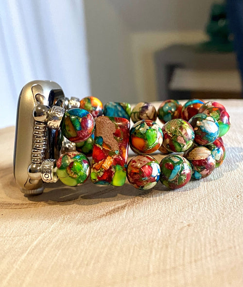 Beaded Apple Watch Band for all models . Multicolor Sea Sediment Galaxy Jasper  2/3/4 Strands