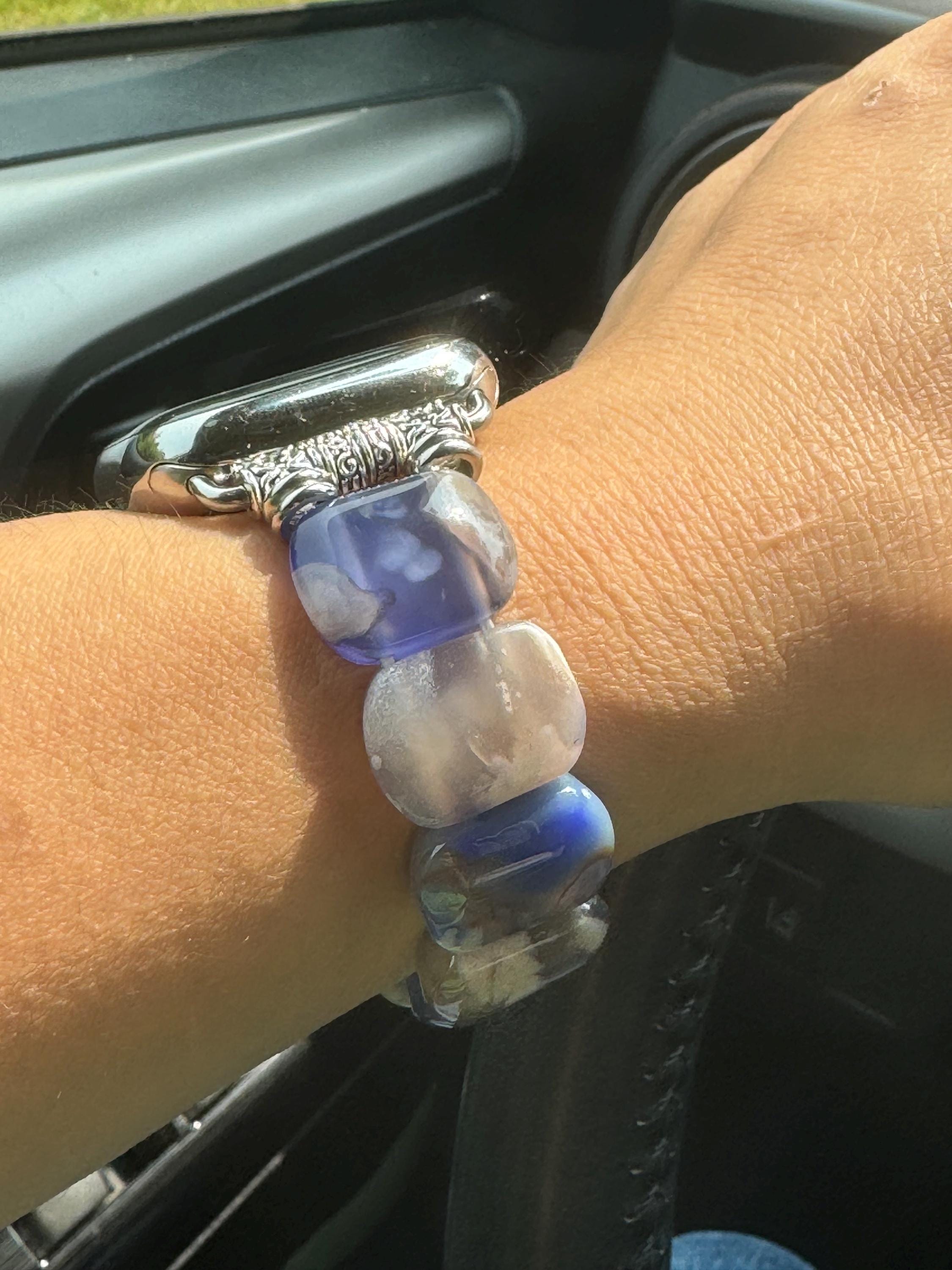 Sakura Agate Apple Watch Band for all models , Genuine carved Sakura Rectangle and Round Beads . Bangle Style