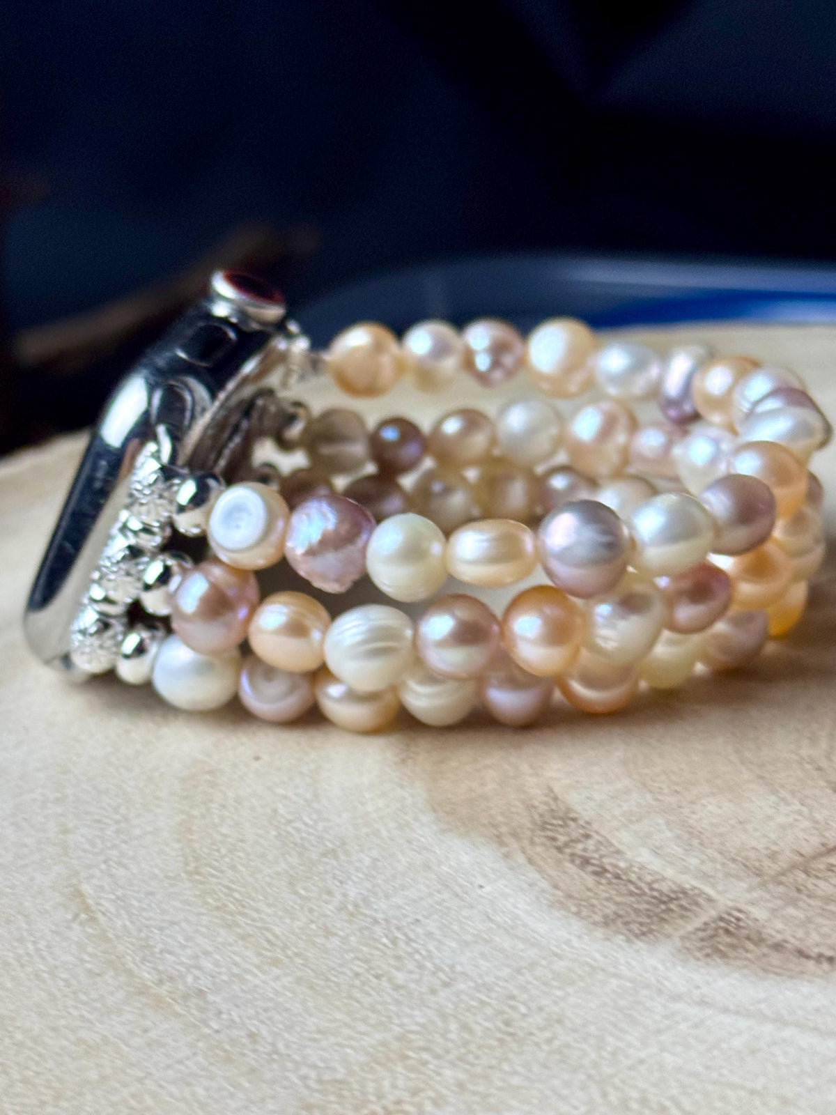 Genuine freshwater pearl Apple Watch band for all models . Tri color /white 7-8mm baroque freshwater pearls. 3 strands