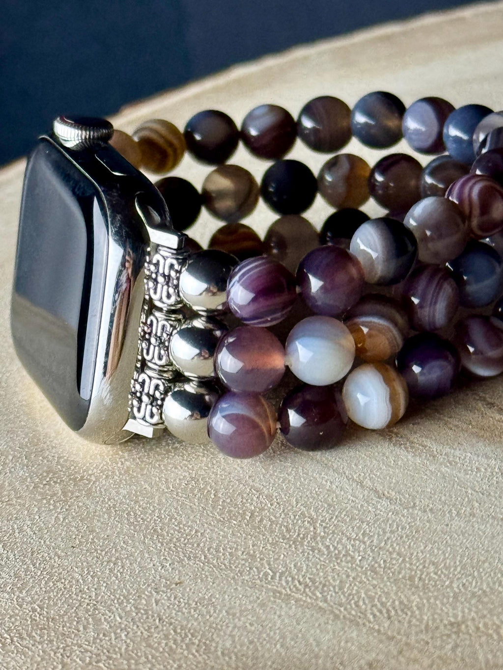 Apple Watch Beaded Band for all models, 3 strands 8mm beads with Botswana Agate/Agentina Rhodochrosite