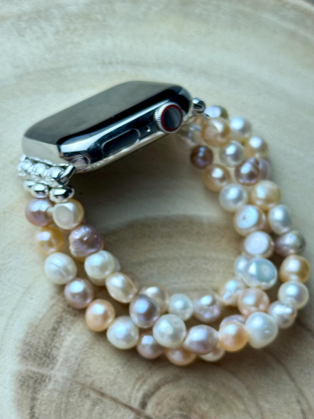 Genuine freshwater pearl Apple Watch band for all models . Tri color /white 7-8mm baroque freshwater pearls. 3 strands