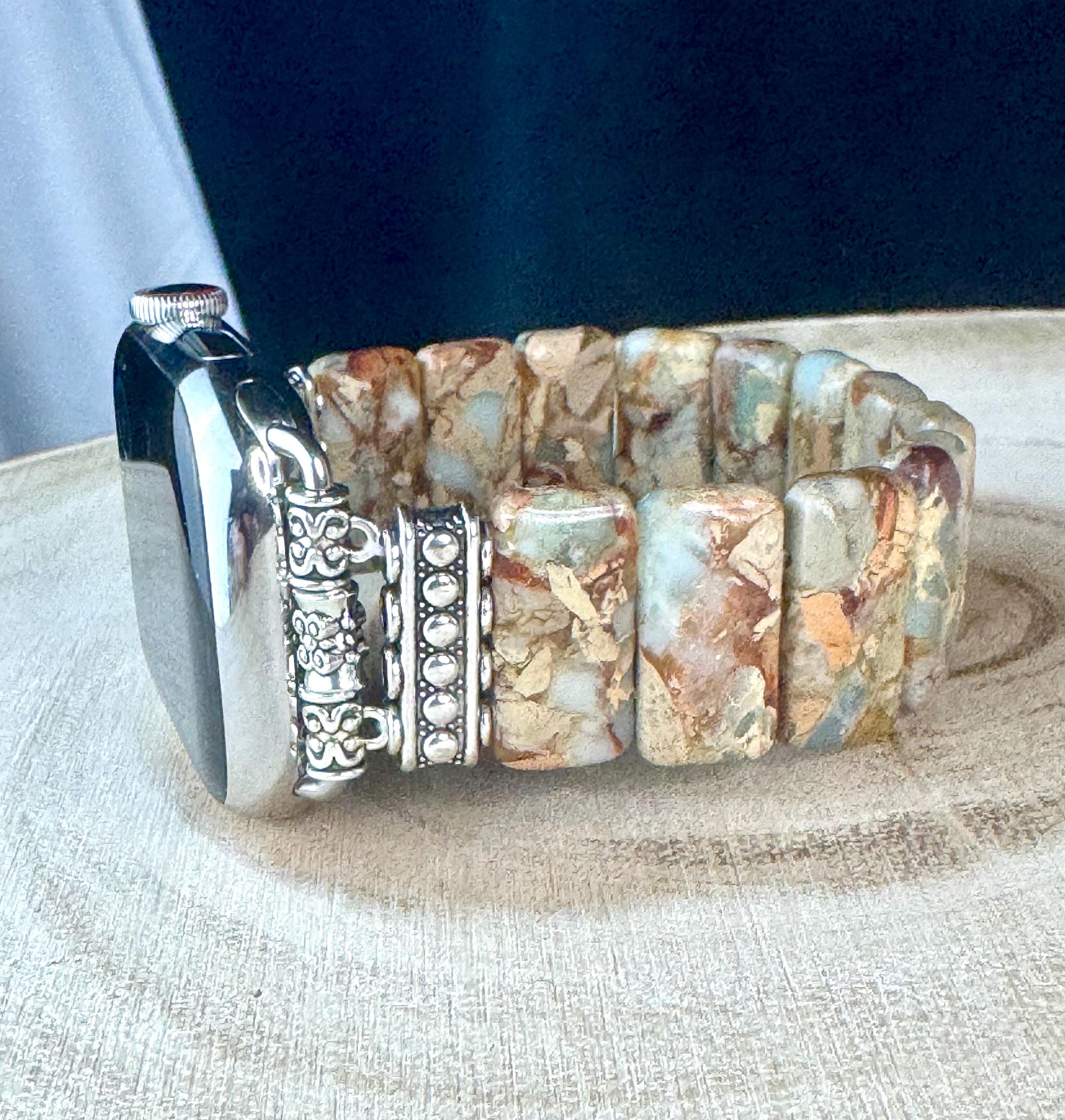 Amazonite Natural Stone Apple Watch Strap for all models. Natural Amazonite/multicolor jasper rectangle stone