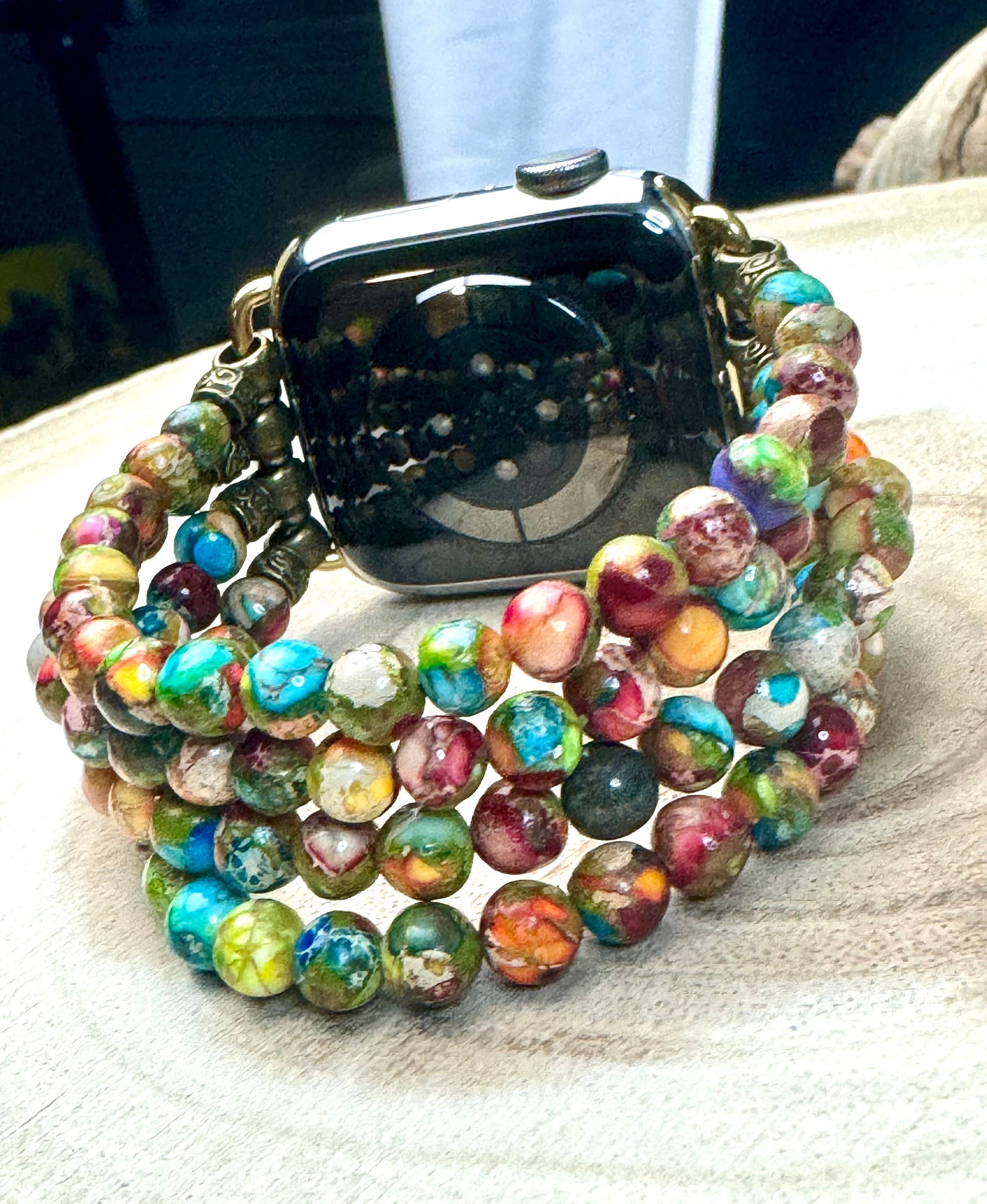 Beaded Apple Watch Band for all models . Multicolor Sea Sediment Galaxy Jasper  2/3/4 Strands