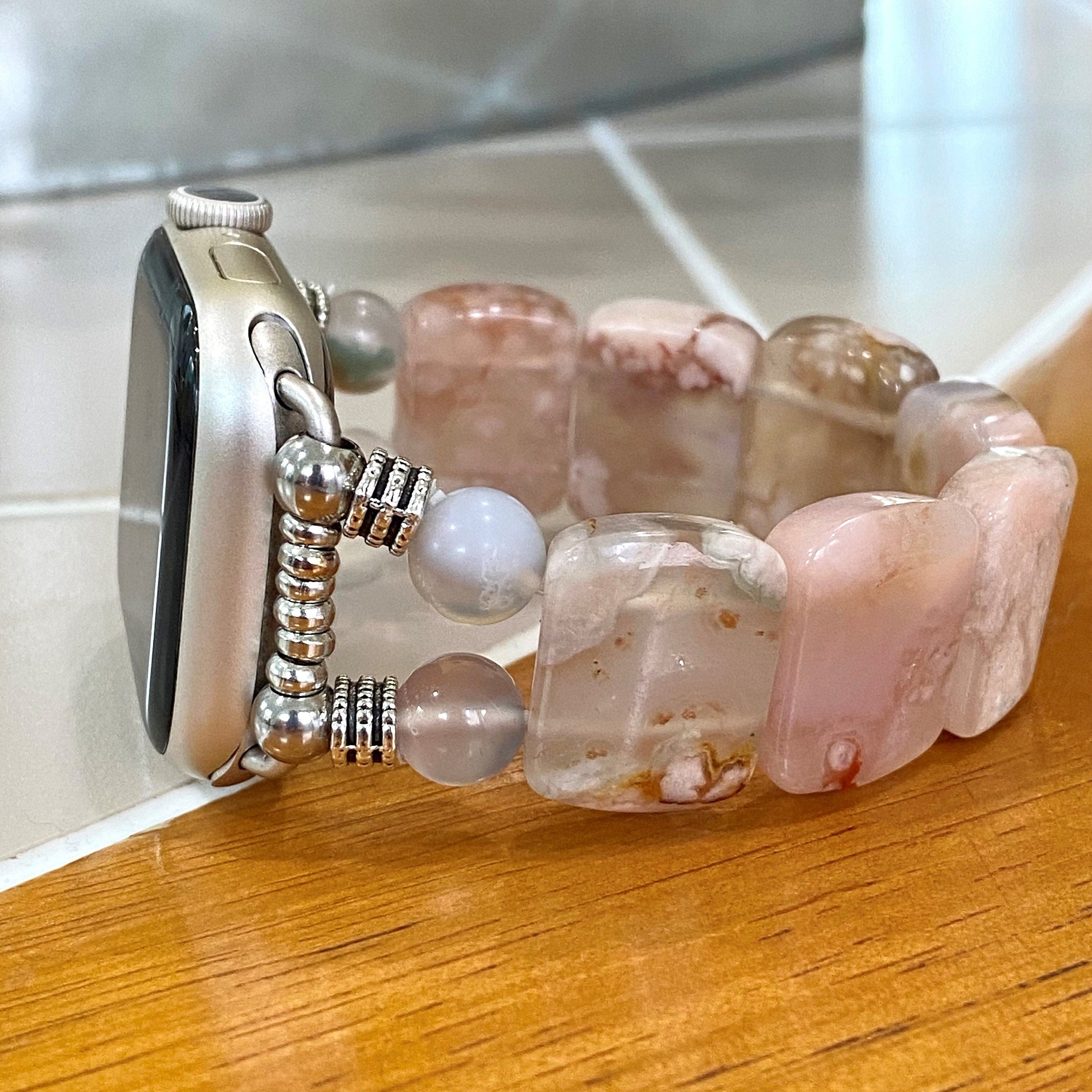 Sakura Agate Apple Watch Band for all models , Genuine carved Sakura Rectangle and Round Beads . Bangle Style