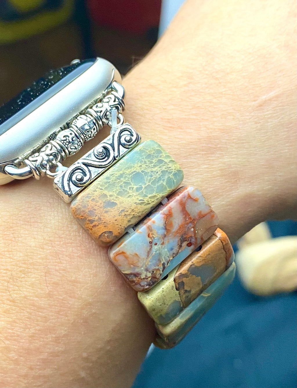 Amazonite Natural Stone Apple Watch Strap for all models. Natural Amazonite/multicolor jasper rectangle stone