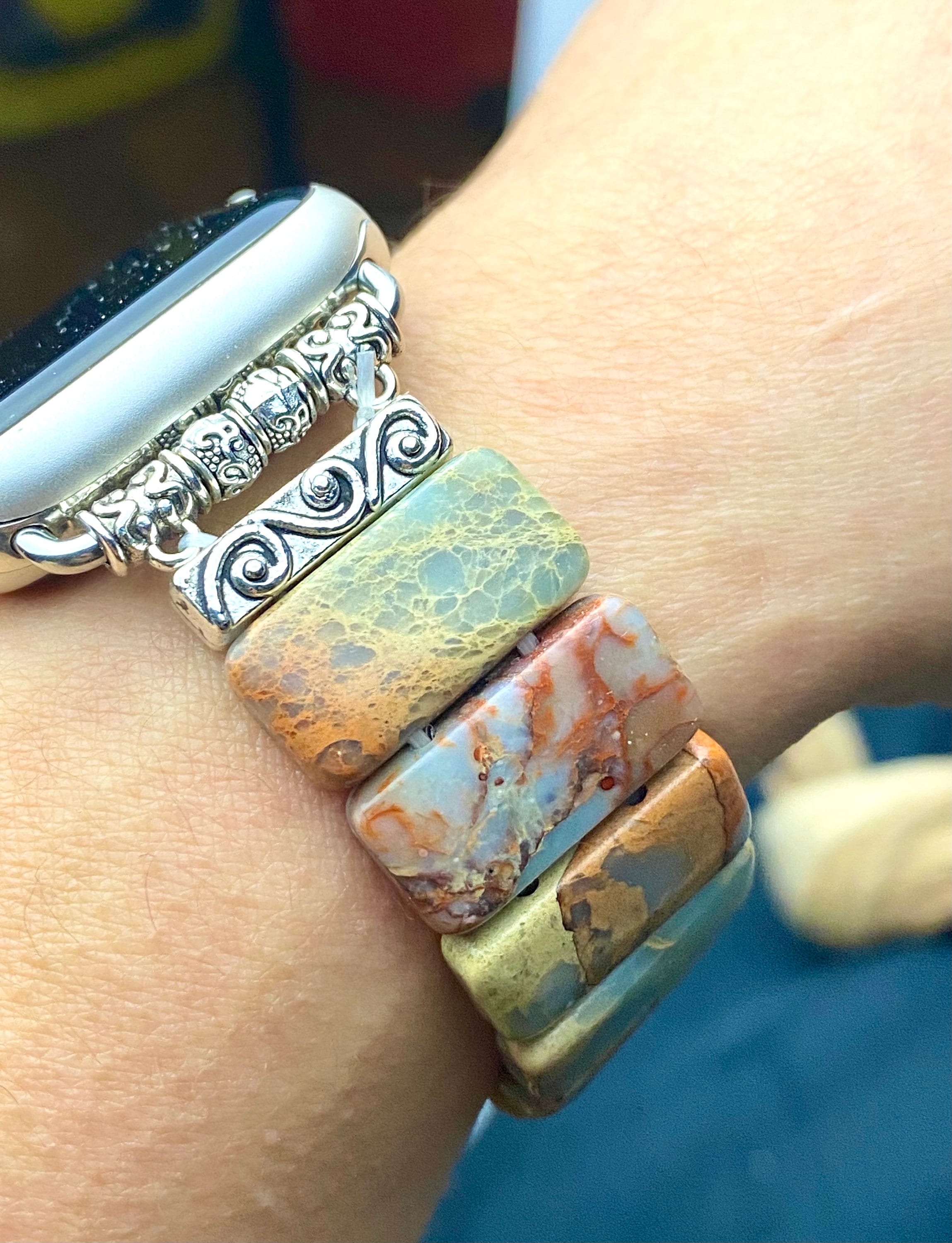 Amazonite Natural Stone Apple Watch Strap for all models. Natural Amazonite/multicolor jasper rectangle stone