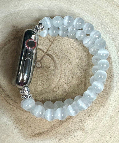 Apple Watch Beaded Band for all models genuine selenite beads (cat eye) beads. 3 strands