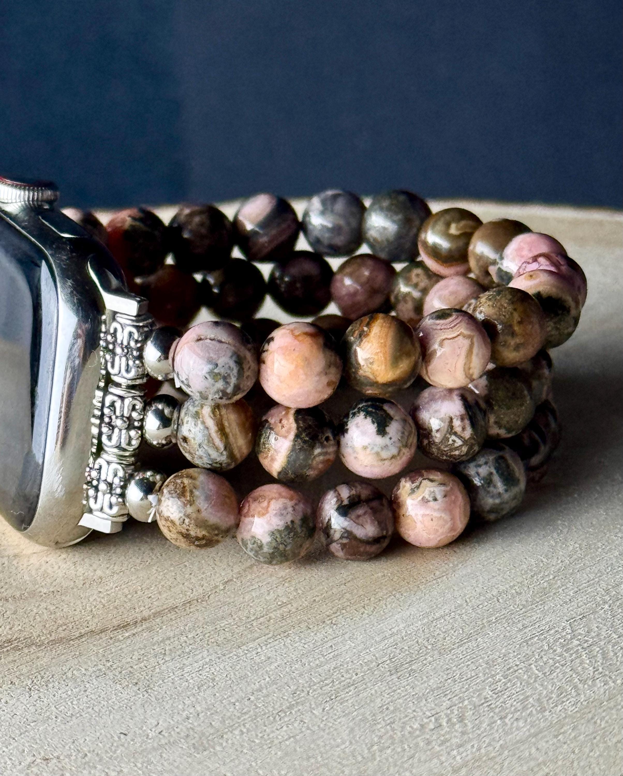 Apple Watch Beaded Band for all models, 3 strands 8mm beads with Botswana Agate/Agentina Rhodochrosite