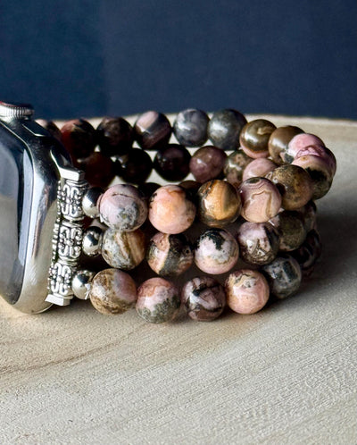 Apple Watch Beaded Band for all models, 3 strands 8mm beads with Botswana Agate/Agentina Rhodochrosite