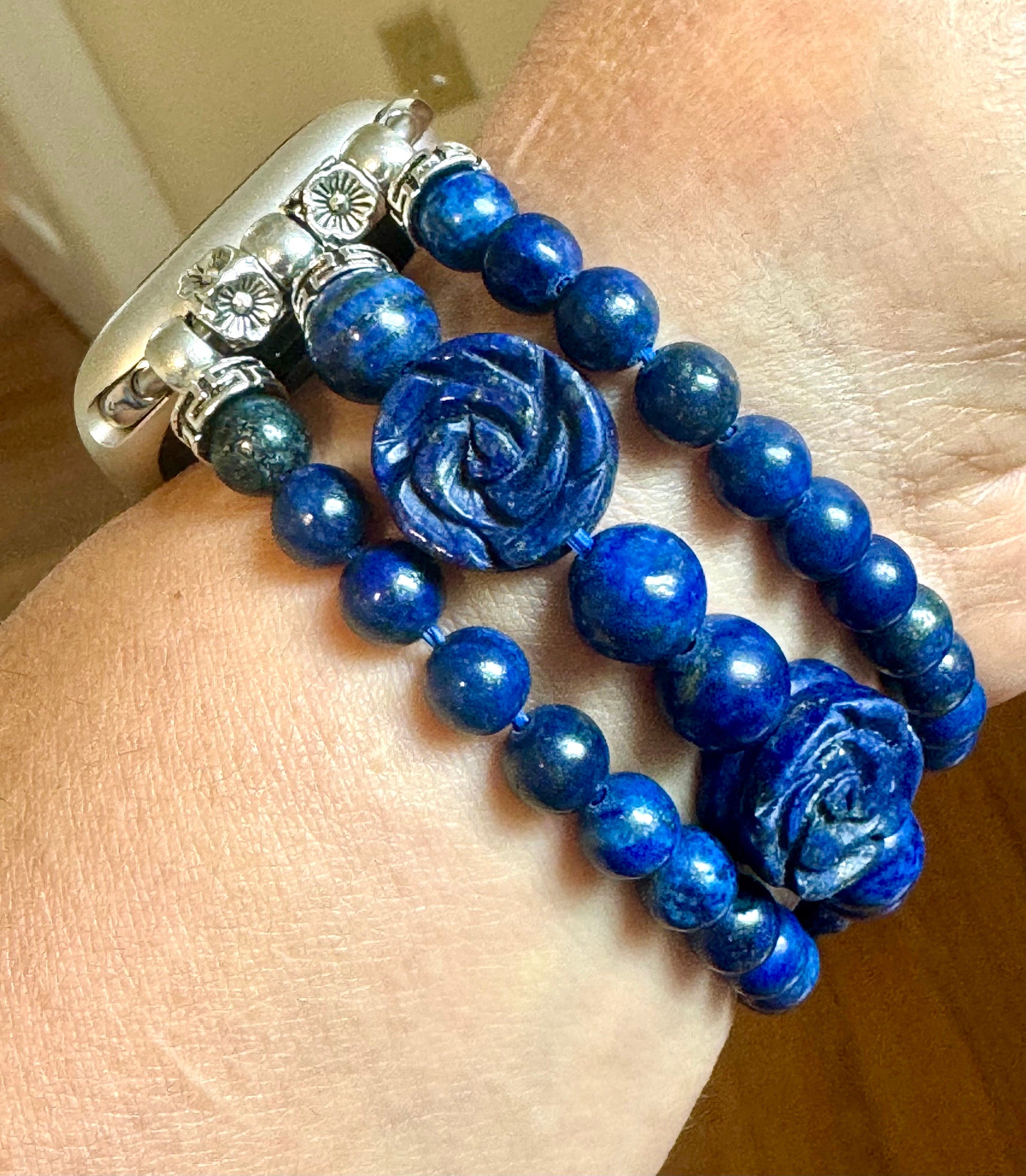 Beaded Apple Watch Strap for all models Genuine carved lapis lazuli / rose quartz beads.