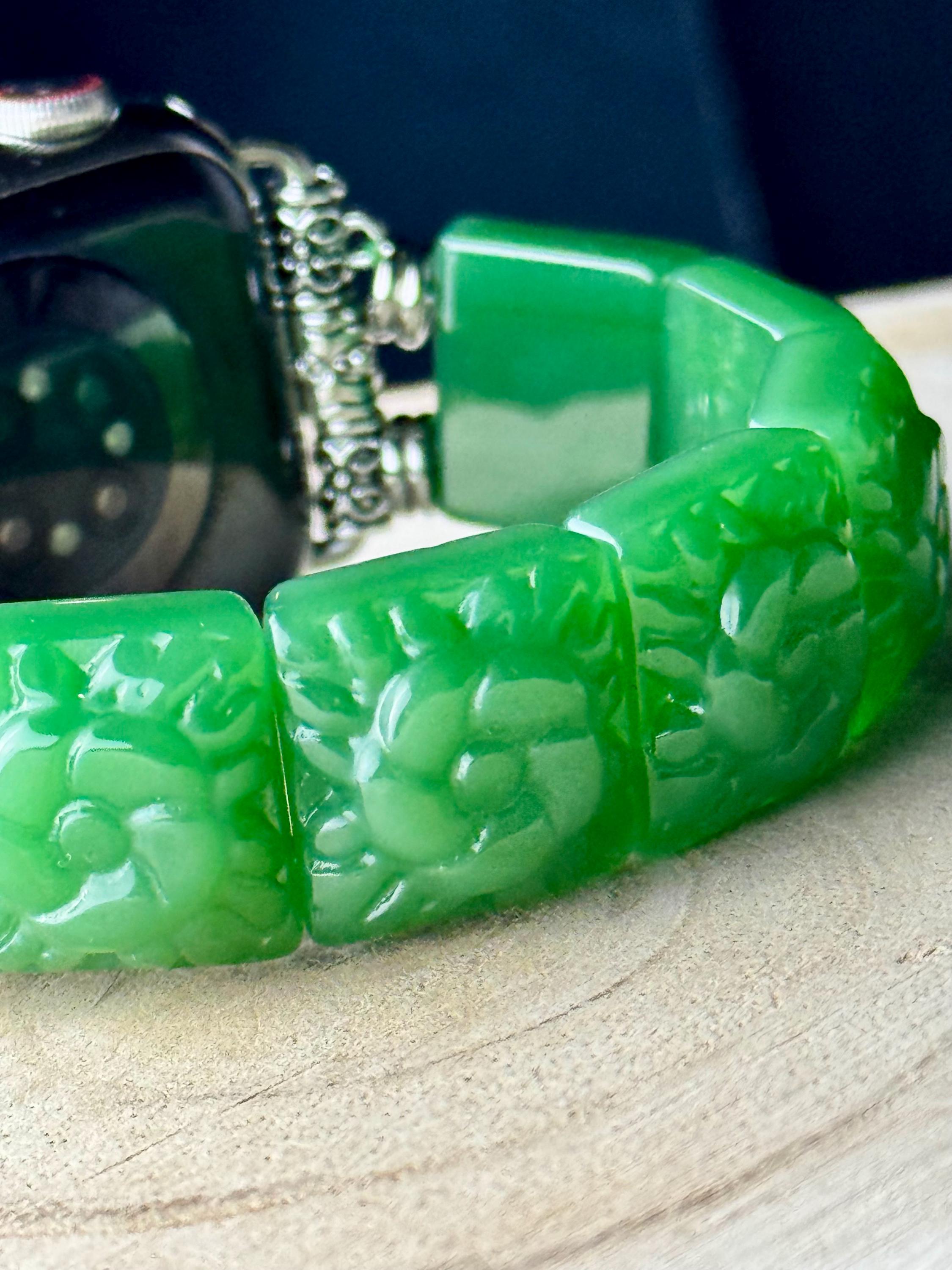 Genuine Carved Jade Apple Watch Strap, for all Apple Watch models. Jade bangle style with carved pieces. Silver or Gold tone