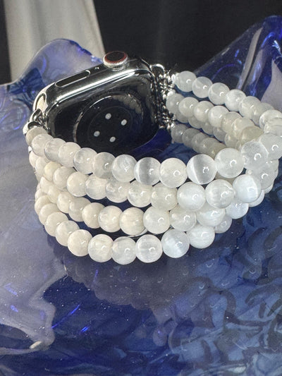 Apple Watch Beaded Band for all models genuine selenite beads (cat eye) beads. 3 strands